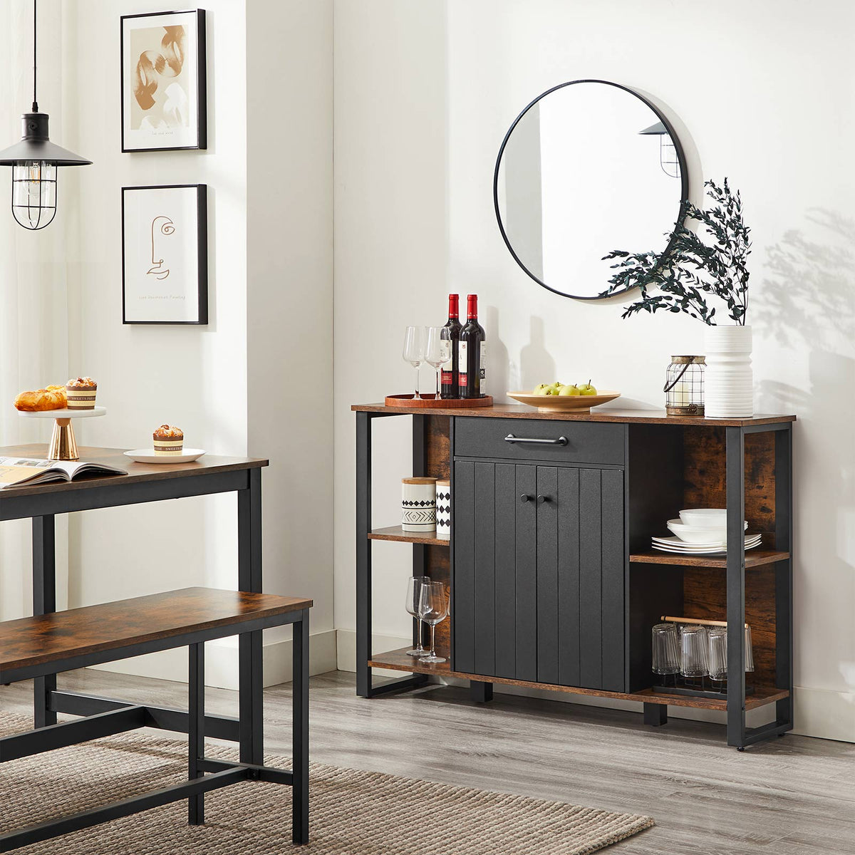 Industrieller Lagerschrank – Sideboard mit Schubladen und Türen – 120 cm breit – Metall- und Holzoptik