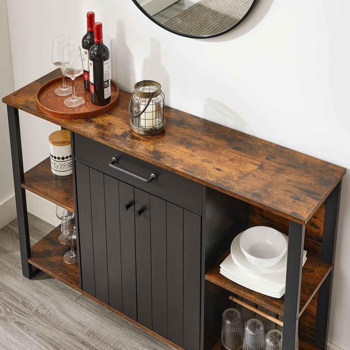 Industrieller Lagerschrank – Sideboard mit Schubladen und Türen – 120 cm breit – Metall- und Holzoptik