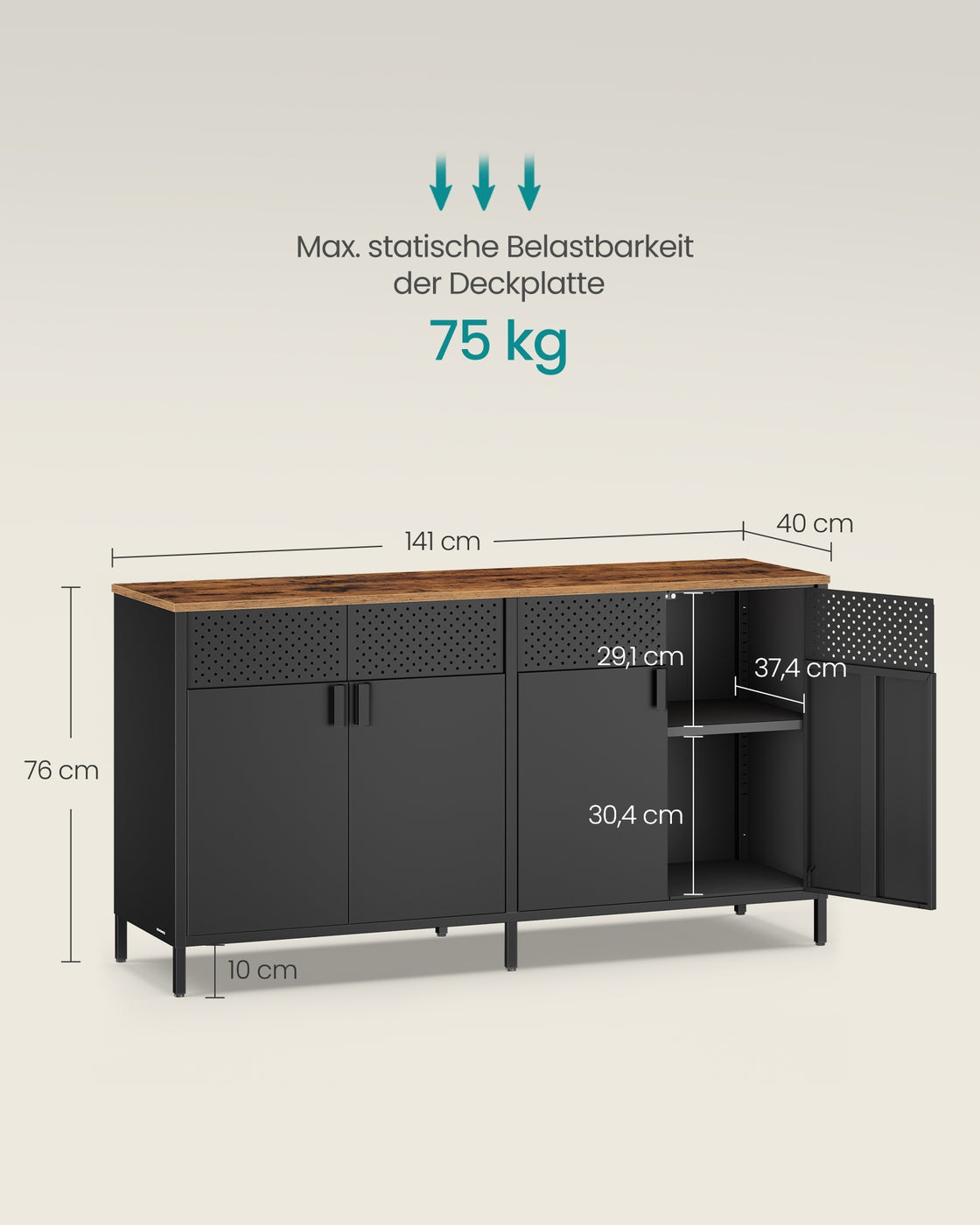 Metallschrank – 4 Türen – Verstellbarer Einlegeboden – Stahlrahmen – 141 cm breit