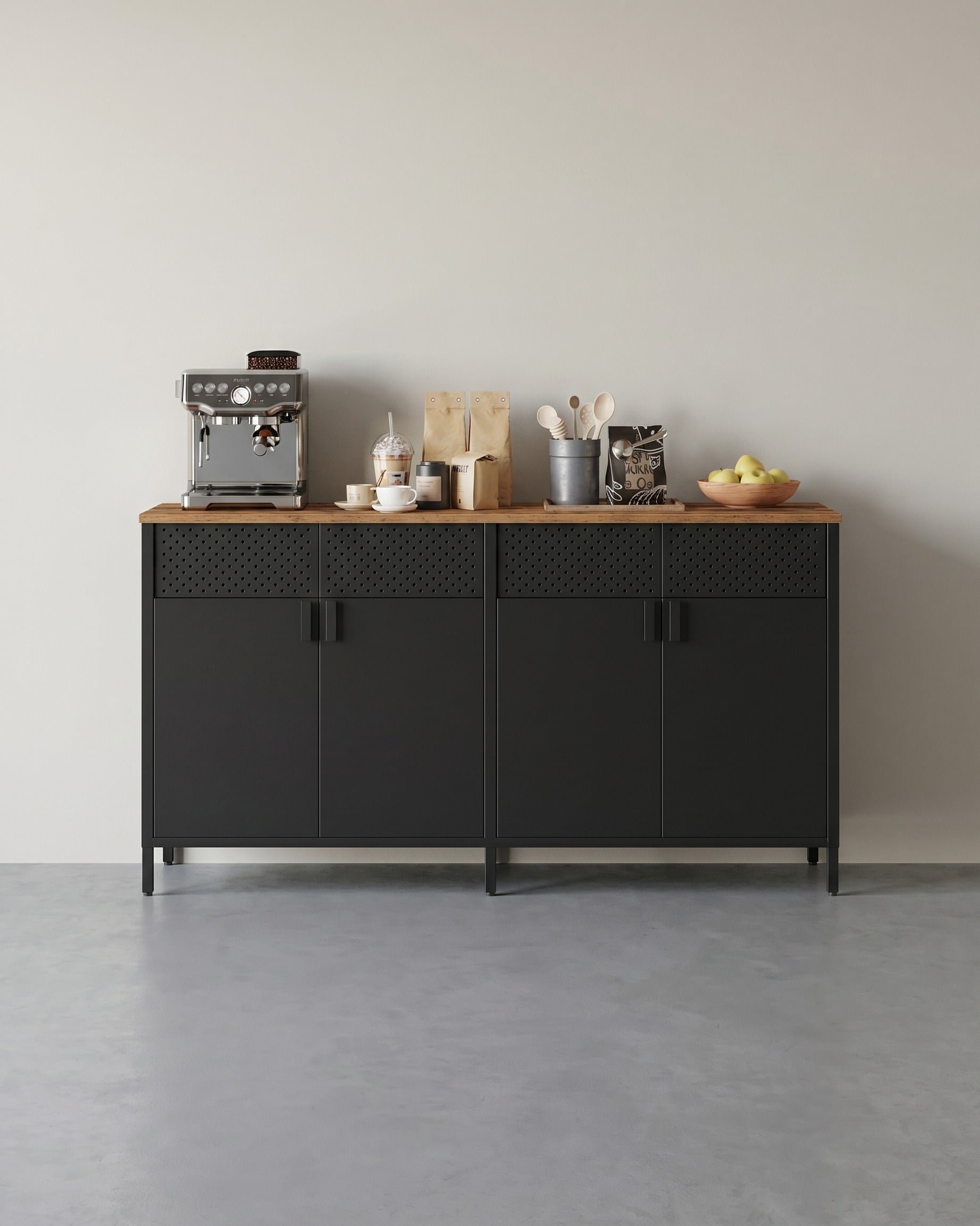 Metallschrank – 4 Türen – Verstellbarer Einlegeboden – Stahlrahmen – 141 cm breit – Schwarz