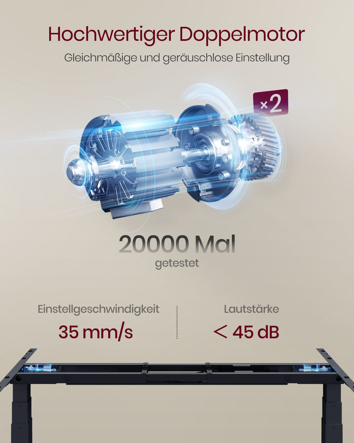 Elektrisches Sitz-Steh-Schreibtischgestell – Doppelmotor – Höhen- und breitenverstellbar – Bis 100 kg Tragkraft – Mit Controller, USB-Anschluss und Rollen
