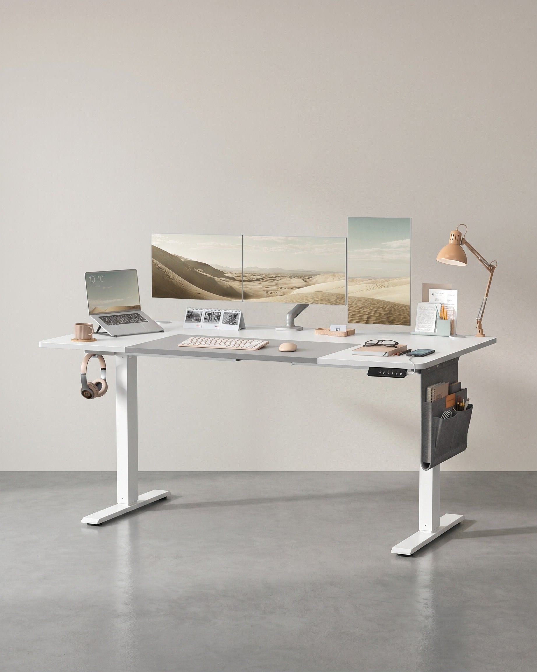 Elektrisch höhenverstellbarer Schreibtisch – 4 Speicherplätze – USB-C-Schnellladefunktion – 120 bis 180 x 80 cm – Weiß/Graue Ebene