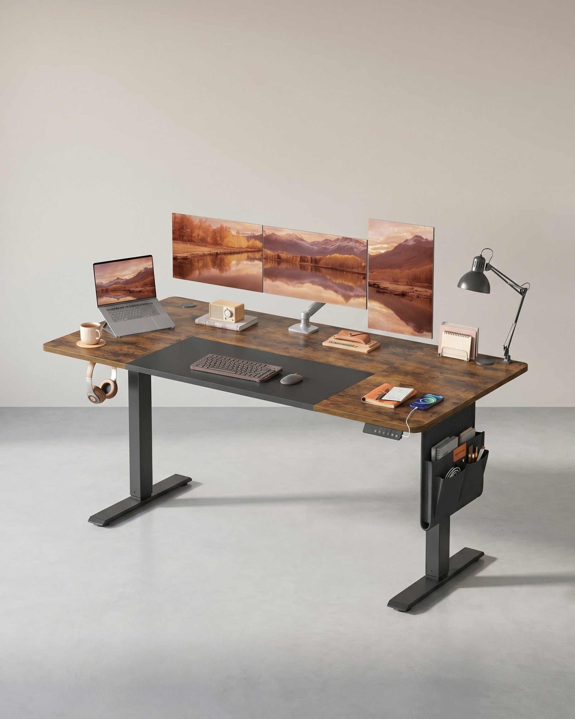 Elektrisch höhenverstellbarer Schreibtisch – 4 Speicherplätze – USB-C-Schnellladefunktion – 120 bis 180 x 80 cm – Brauner/schwarzer Bereich