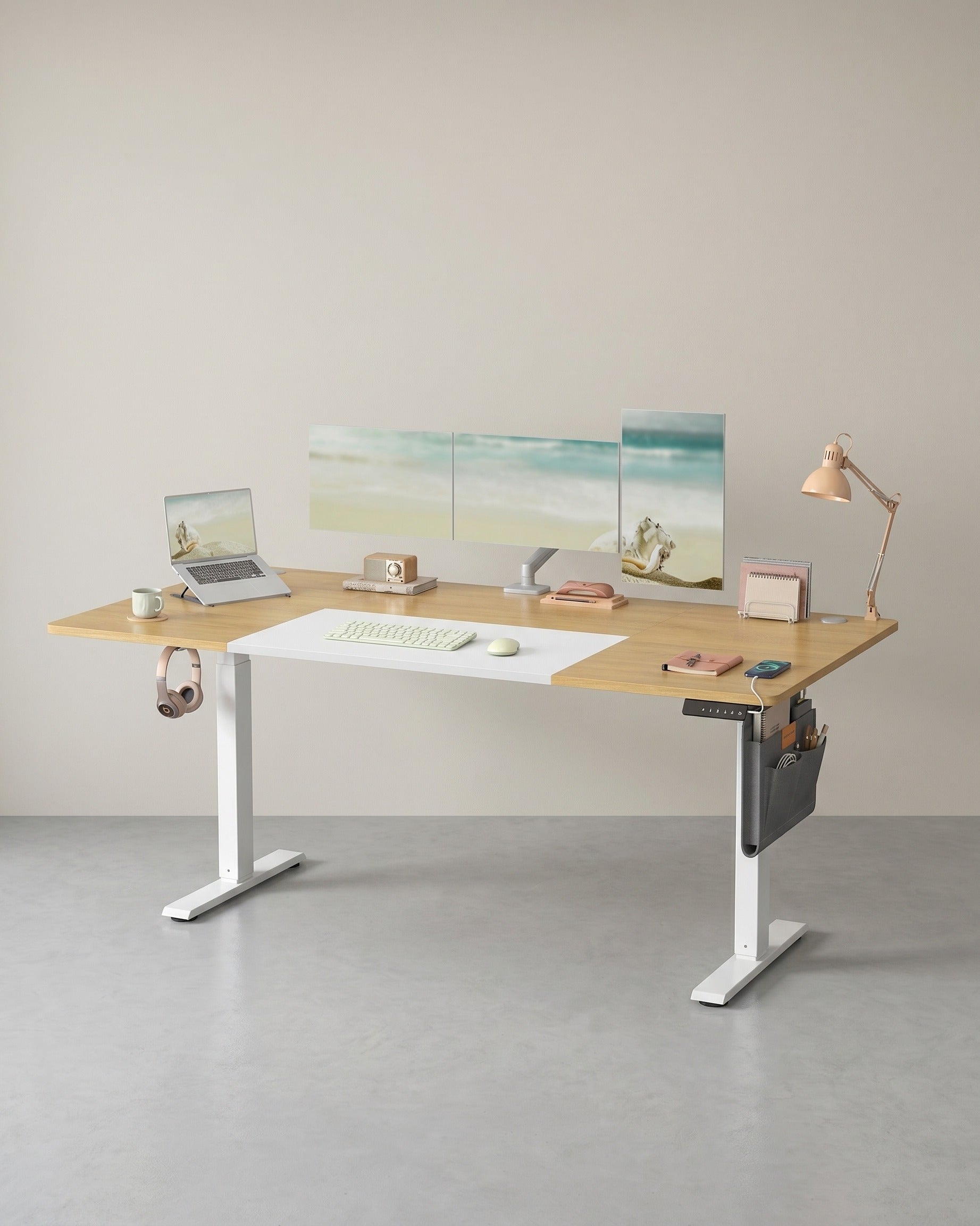 Elektrisch höhenverstellbarer Schreibtisch – 4 Speicherplätze – USB-C-Schnellladefunktion – 120 bis 180 x 80 cm – Eiche / Weißes Ahorn