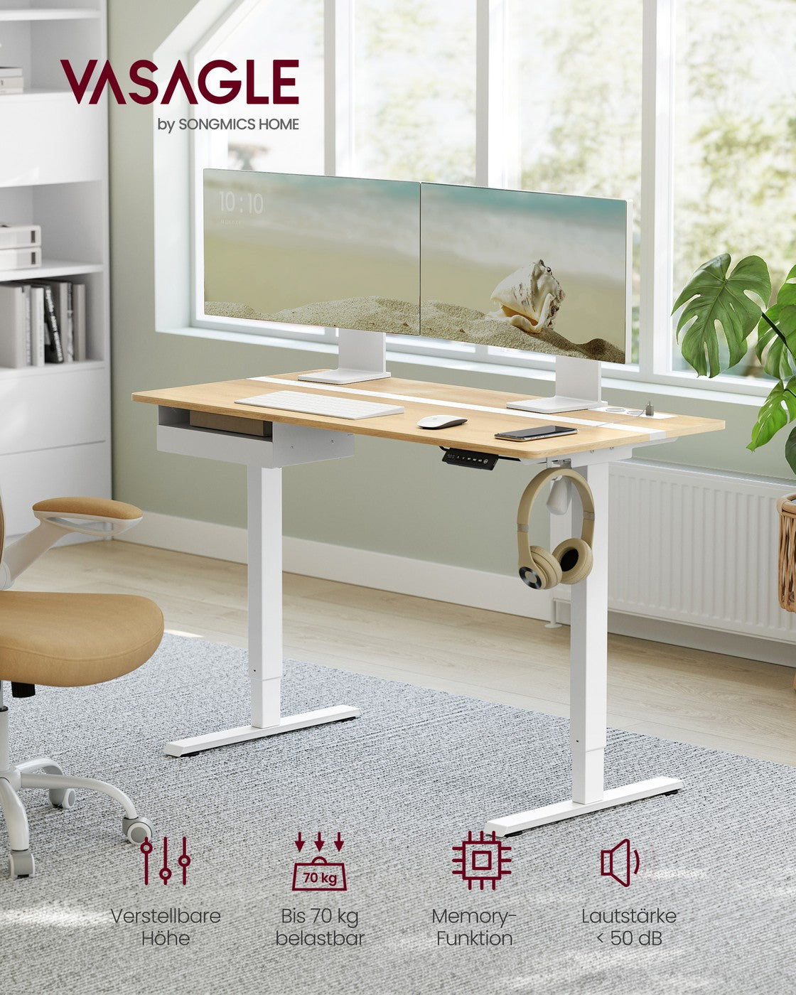 Elektrischer Stehschreibtisch mit Steckdose - Memory-Funktion - mit Schublade und Haken - Home Office