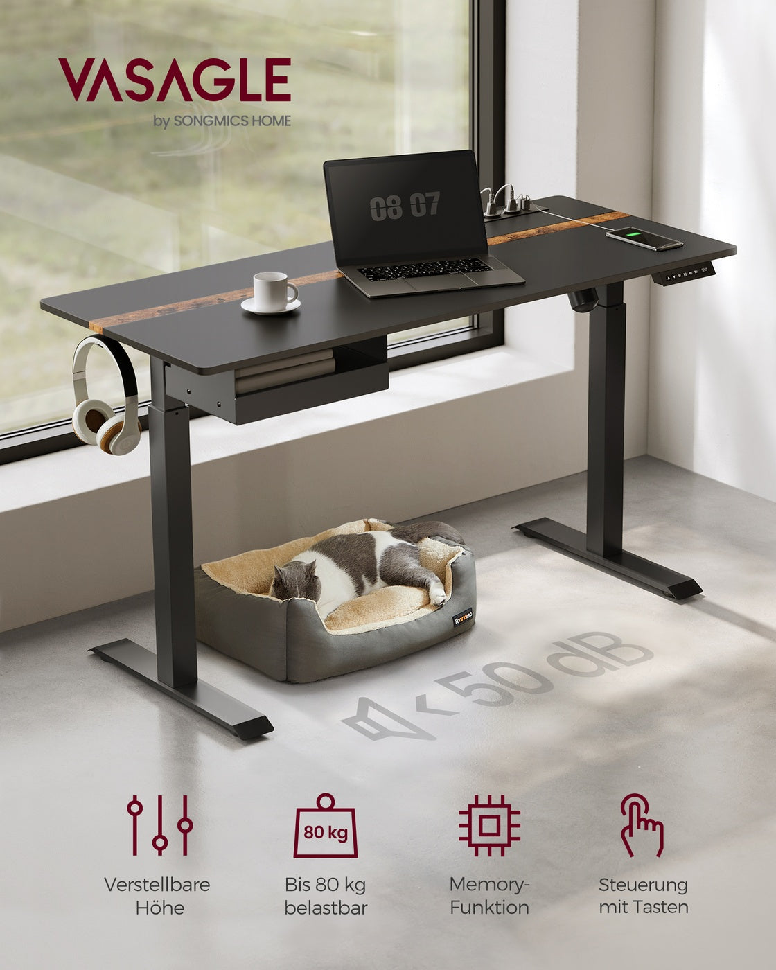 Elektrischer Stehschreibtisch mit Steckdose - Memory-Funktion - mit Schublade und Haken - Home Office