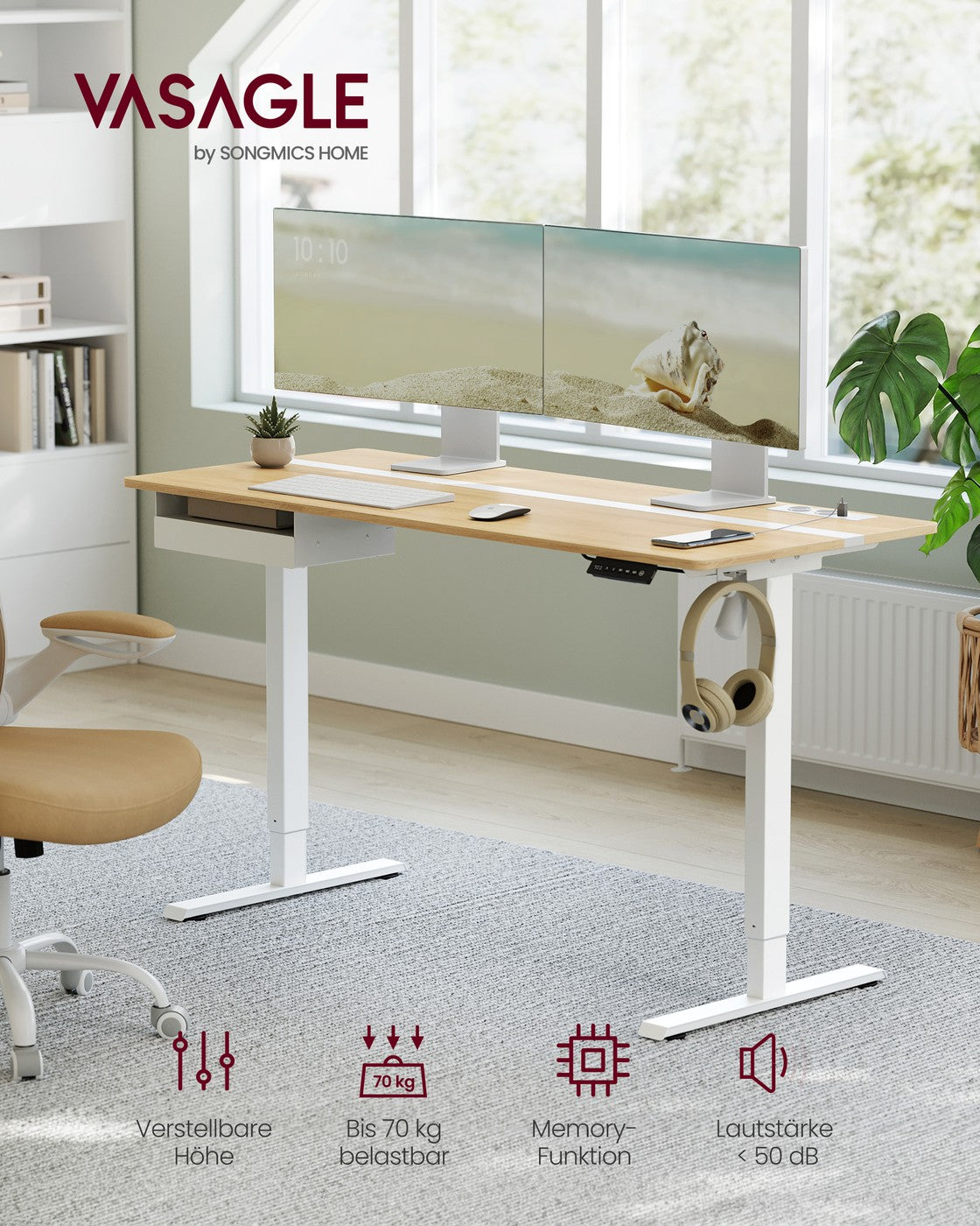 Kompletter Arbeitsplatz – Elektrischer Stehschreibtisch + ergonomischer Bürostuhl – mit Memory-Funktion – Steckdose – verstellbare Rücken- und Armlehnen