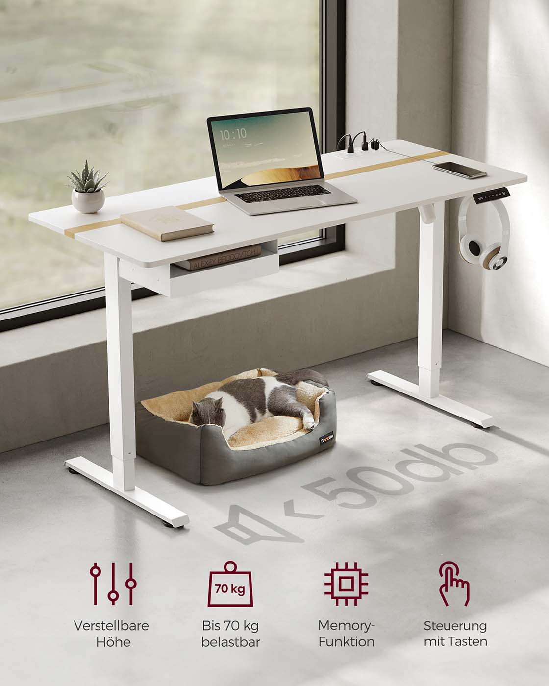 Elektrischer Stehschreibtisch mit Steckdose - Memory-Funktion - mit Schublade und Haken - Home Office