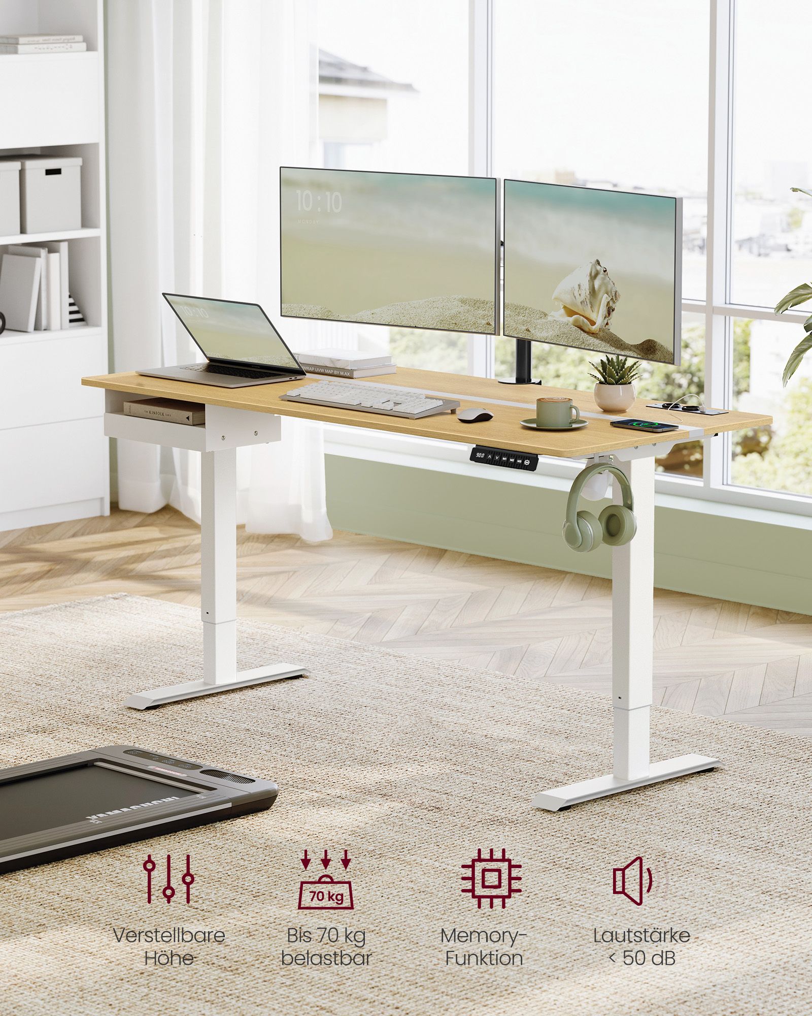 Elektrischer Stehschreibtisch mit Steckdose - Memory-Funktion - mit Schublade und Haken - Home Office