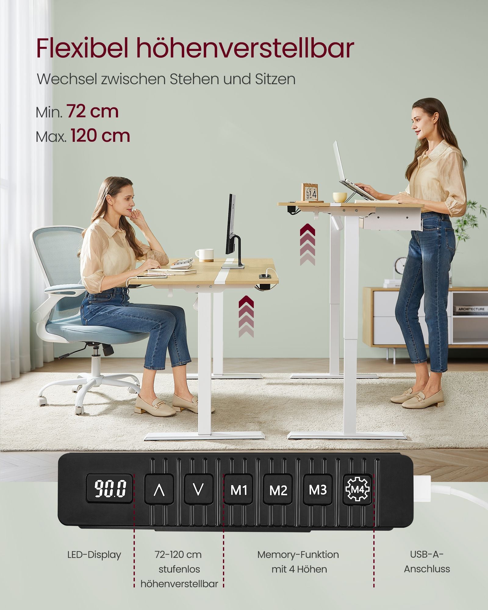 Elektrischer Stehschreibtisch mit Steckdose - Memory-Funktion - mit Schublade und Haken - Home Office