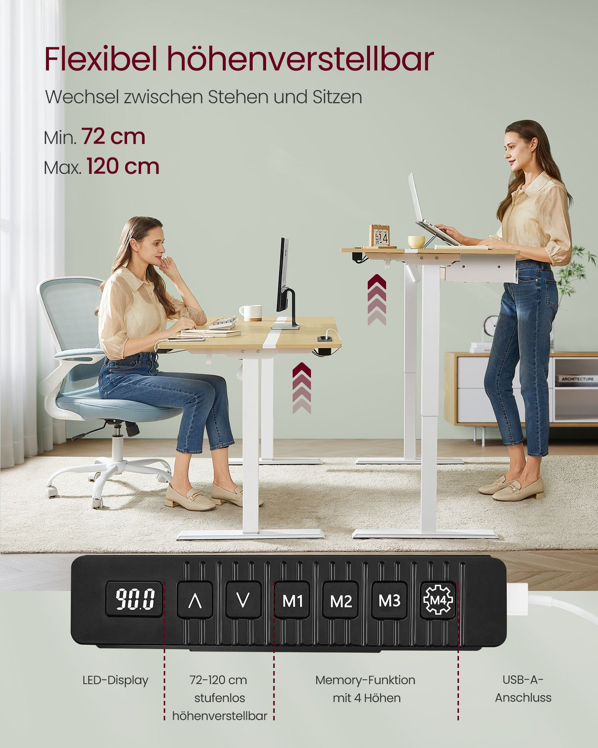 Kompletter Arbeitsplatz – Elektrischer Stehschreibtisch + ergonomischer Bürostuhl – mit Memory-Funktion – Steckdose – verstellbare Rücken- und Armlehnen