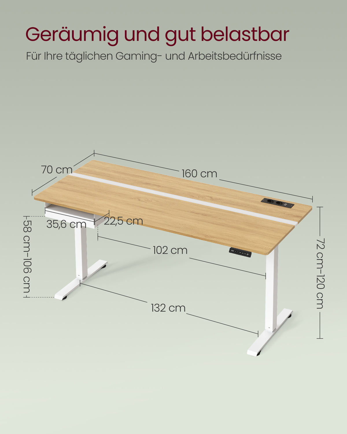 Elektrischer Stehschreibtisch mit Steckdose - Memory-Funktion - mit Schublade und Haken - Home Office