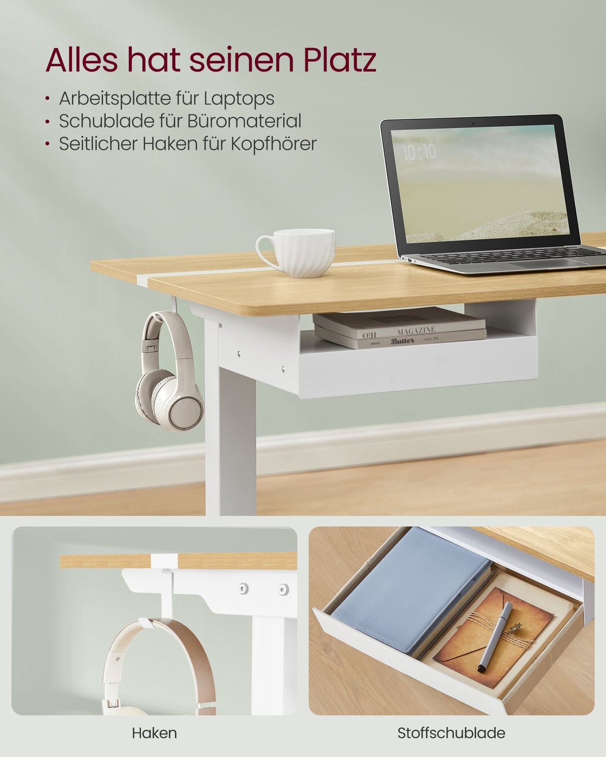 Elektrischer Stehschreibtisch mit Steckdose - Memory-Funktion - mit Schublade und Haken - Home Office