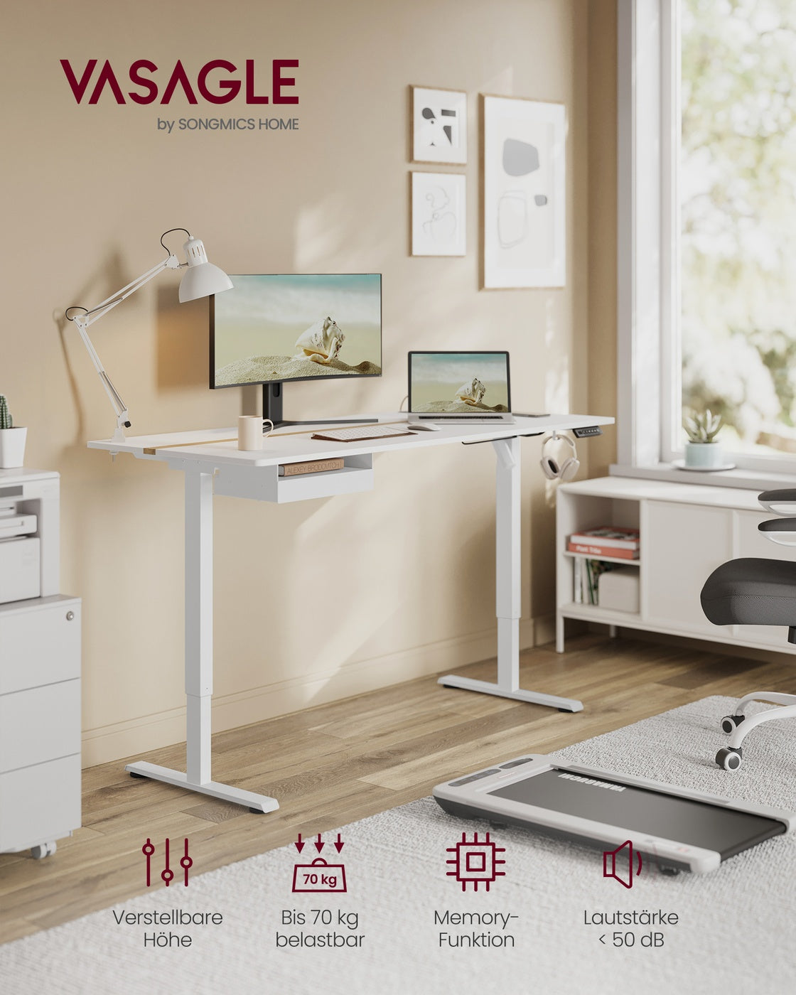 Kompletter Arbeitsplatz – Elektrischer Stehschreibtisch + ergonomischer Bürostuhl – mit Memory-Funktion – Steckdose – verstellbare Rücken- und Armlehnen