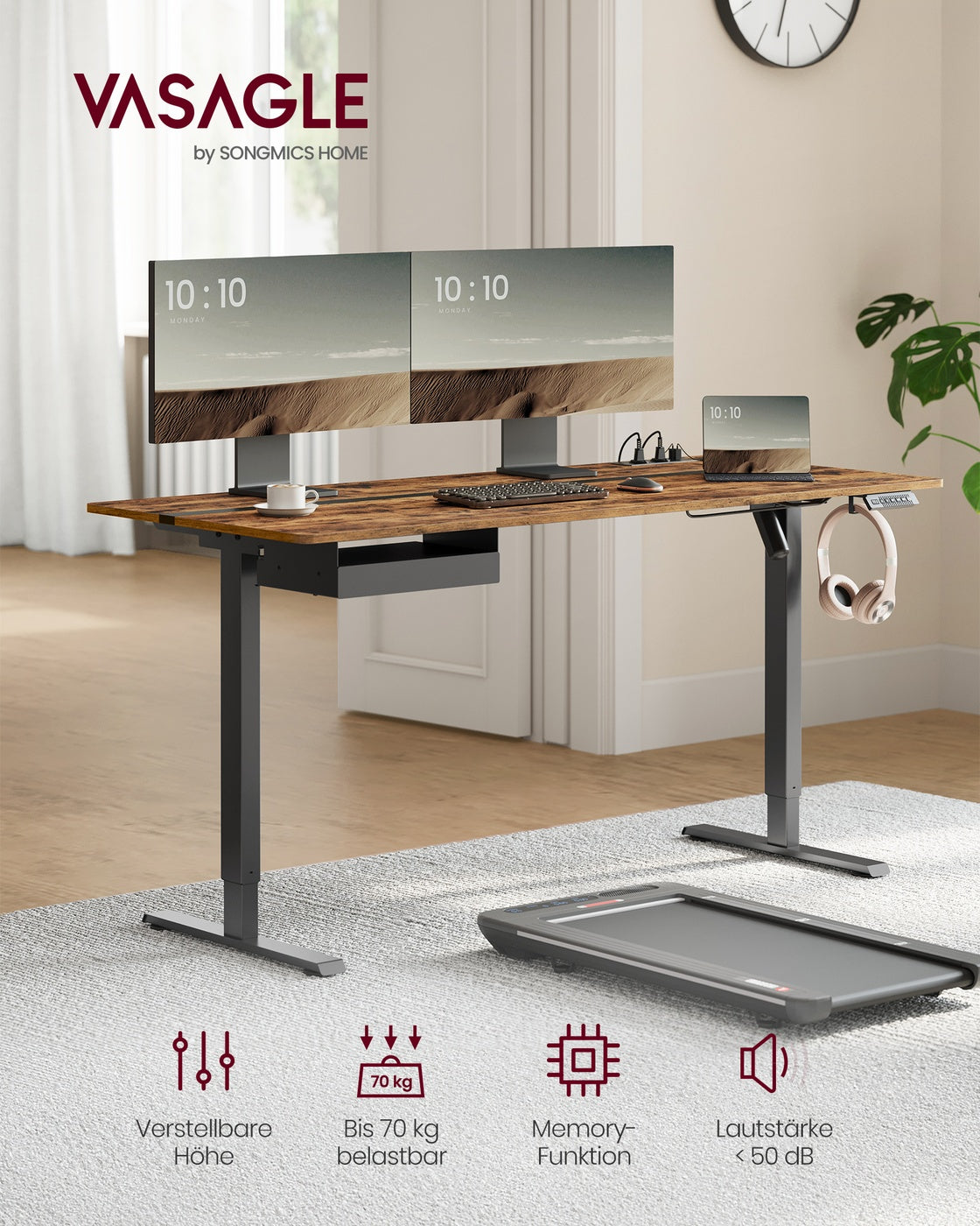 Elektrischer Stehschreibtisch mit Steckdose - Memory-Funktion - mit Schublade und Haken - Home Office