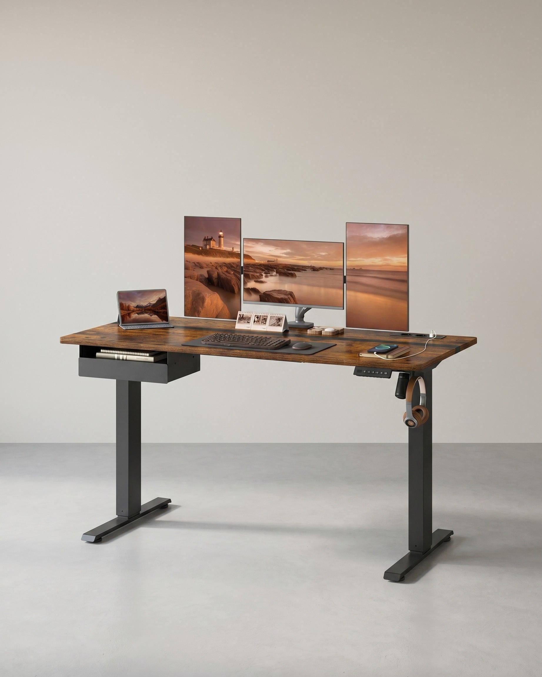 Elektrischer Stehschreibtisch mit Steckdose - Memory-Funktion - mit Schublade und Haken - Home Office – Braun