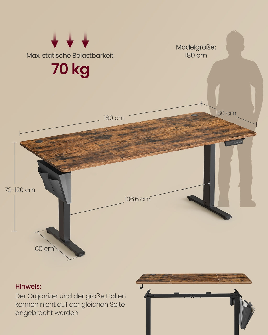 Elektrischer Sitz-Steh-Schreibtisch 180 x 80 cm – höhenverstellbar – mit Kabelmanagement