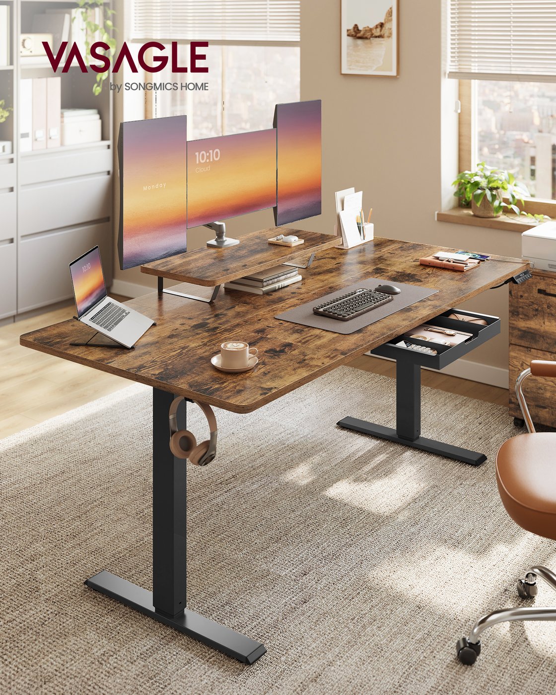 Elektrisch höhenverstellbarer Schreibtisch – mit Monitorständer – 140 oder 160 cm Tischplatte – USB-C-Anschluss und Speicherfunktion