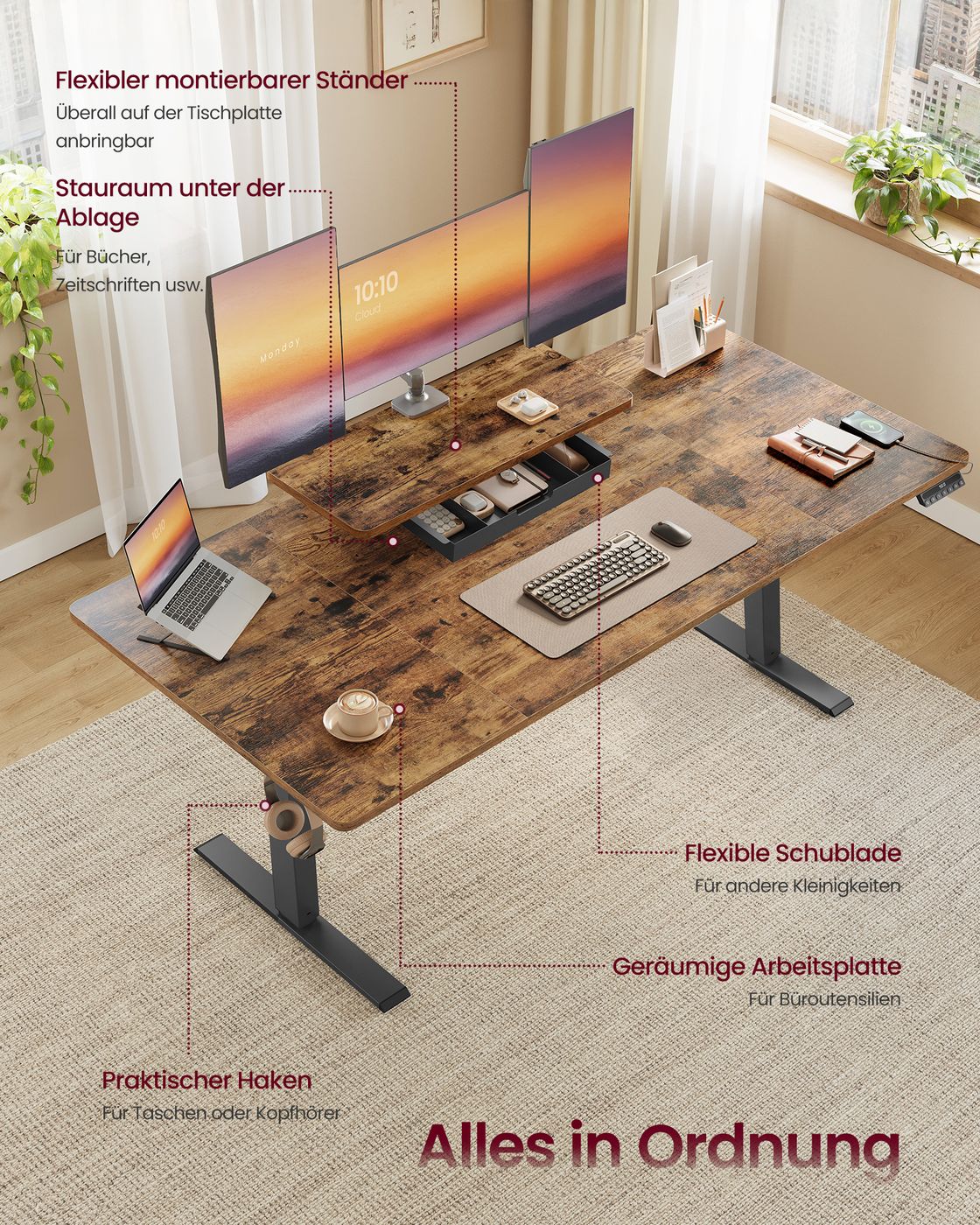 Elektrisch höhenverstellbarer Schreibtisch – mit Monitorständer – 140 oder 160 cm Tischplatte – USB-C-Anschluss und Speicherfunktion