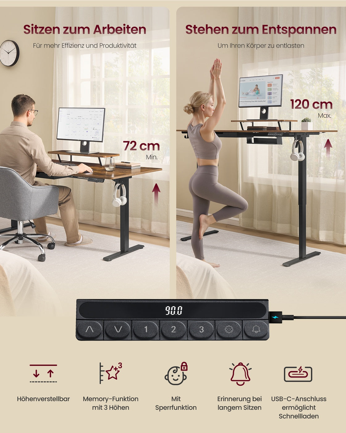 Elektrisch höhenverstellbarer Schreibtisch – mit Monitorständer – 140 oder 160 cm Tischplatte – USB-C-Anschluss und Speicherfunktion