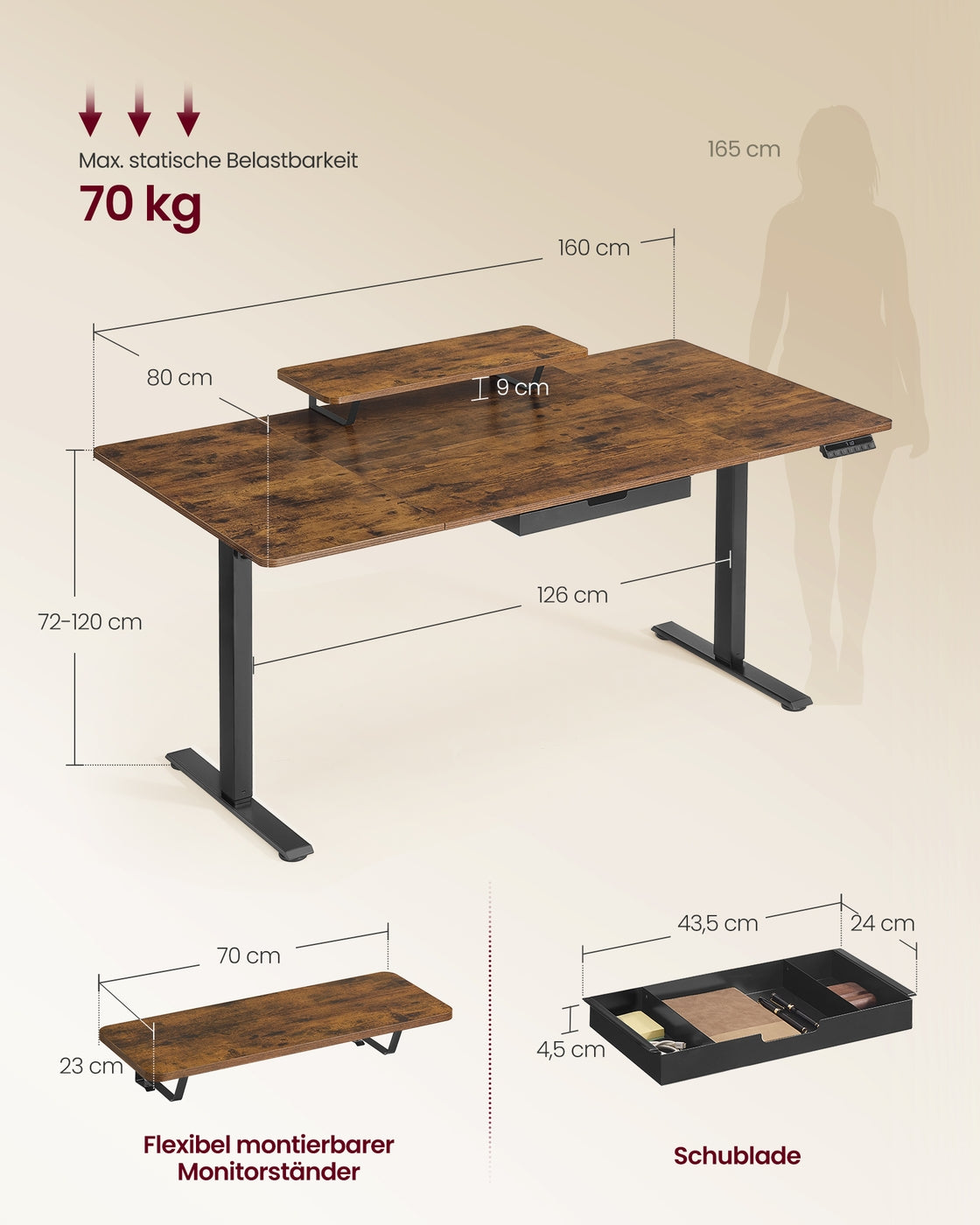 Elektrisch höhenverstellbarer Schreibtisch – mit Monitorständer – 140 oder 160 cm Tischplatte – USB-C-Anschluss und Speicherfunktion