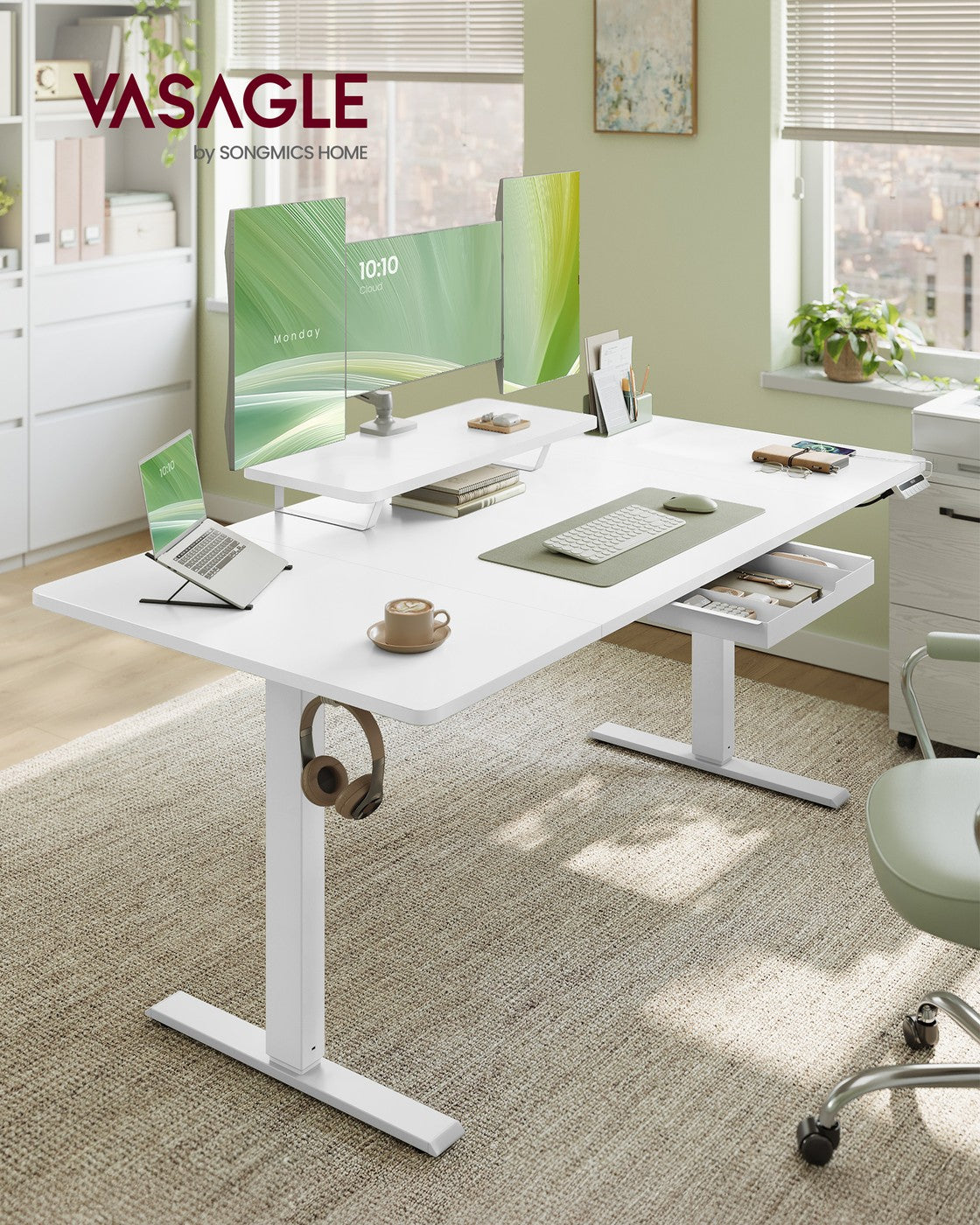 Elektrisch verstellbarer Schreibtisch – Mit Monitorständer – 140 oder 160 cm Tischplatte – USB-C & Memory-Funktion
