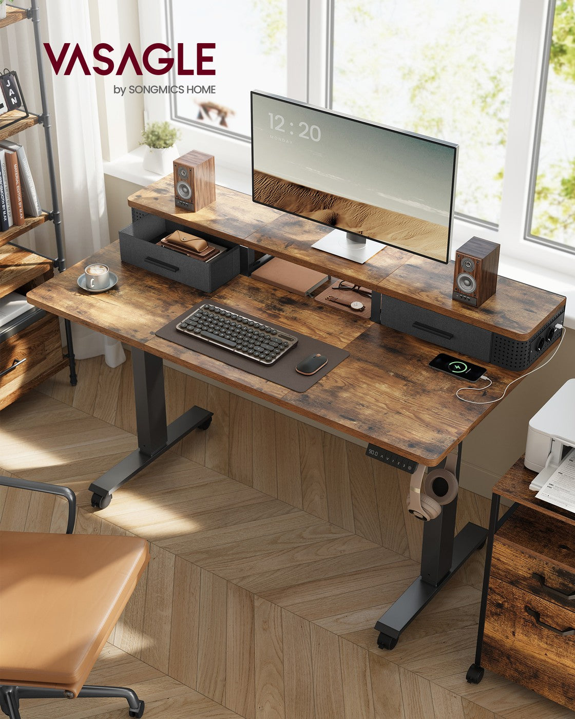 Elektrischer Stehtisch mit LED - Gaming-Schreibtisch - Mit Steckdose & USB-Anschluss