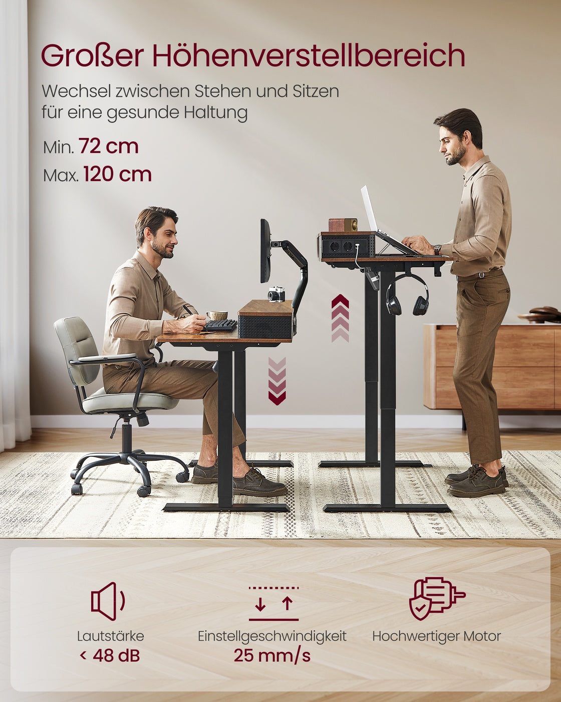 Elektrischer Stehtisch mit LED - Gaming-Schreibtisch - Mit Steckdose & USB-Anschluss