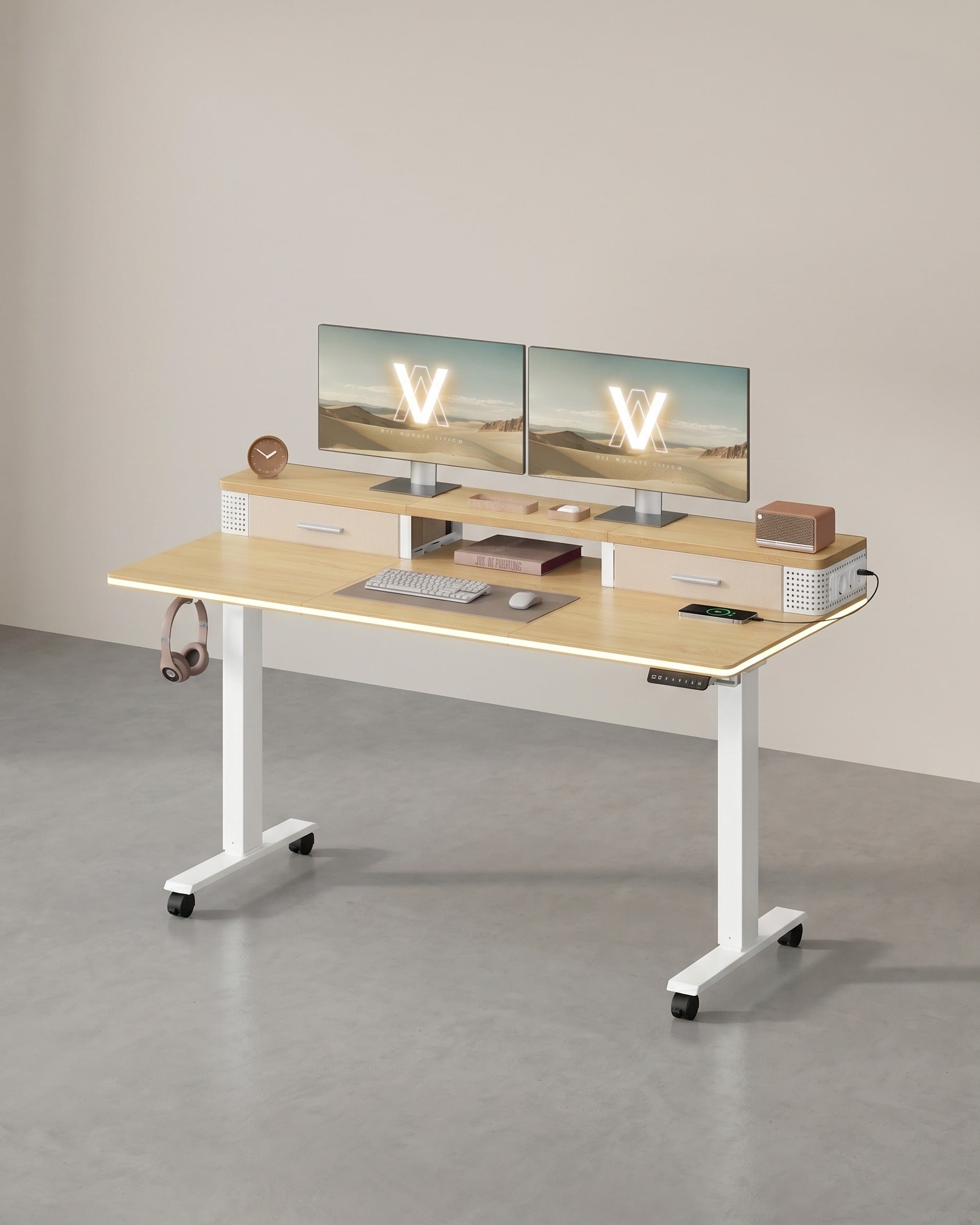 Elektrischer Stehtisch mit LED - Gaming-Schreibtisch - Mit Steckdose & USB-Anschluss – Beige