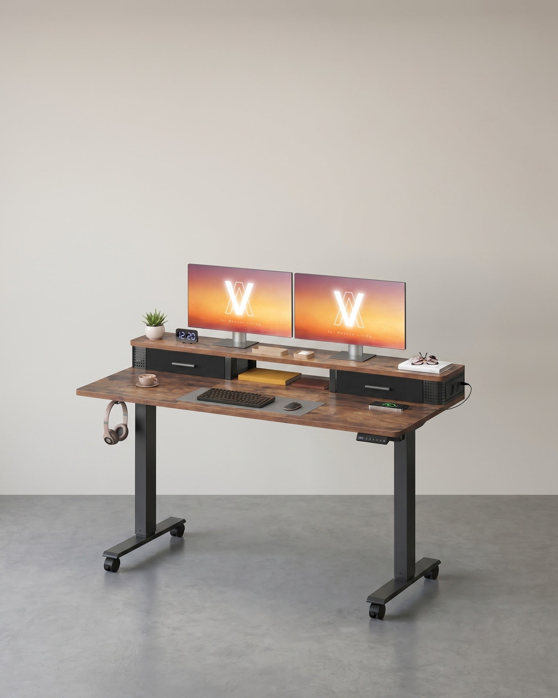 Elektrischer Stehtisch mit LED - Gaming-Schreibtisch - Mit Steckdose & USB-Anschluss – Braun