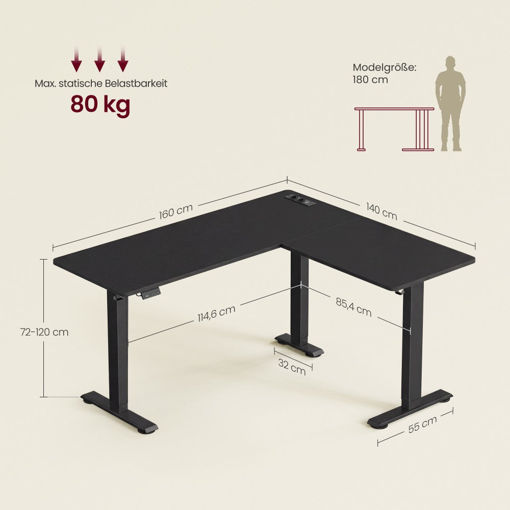 Elektrisch höhenverstellbarer Schreibtisch – L-förmiger Eckschreibtisch 160 x 140 cm – mit Steckdosen und USB-Anschlüssen – Kabelmanagement