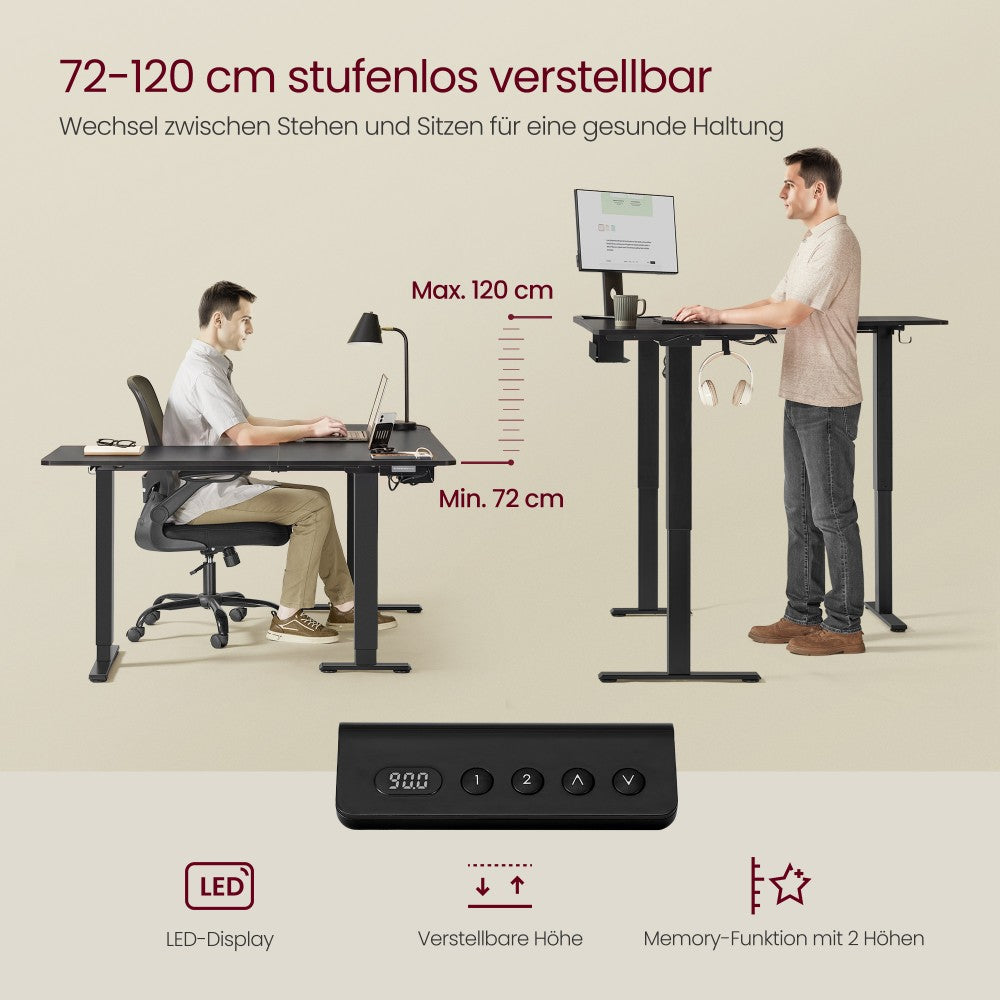 Elektrisch höhenverstellbarer Schreibtisch – L-förmiger Eckschreibtisch 160 x 140 cm – mit Steckdosen und USB-Anschlüssen – Kabelmanagement