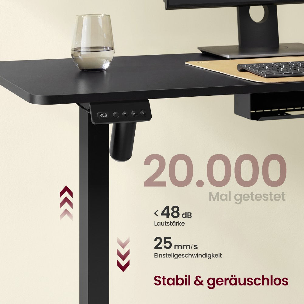 Elektrisch höhenverstellbarer Schreibtisch – L-förmiger Eckschreibtisch 160 x 140 cm – mit Steckdosen und USB-Anschlüssen – Kabelmanagement