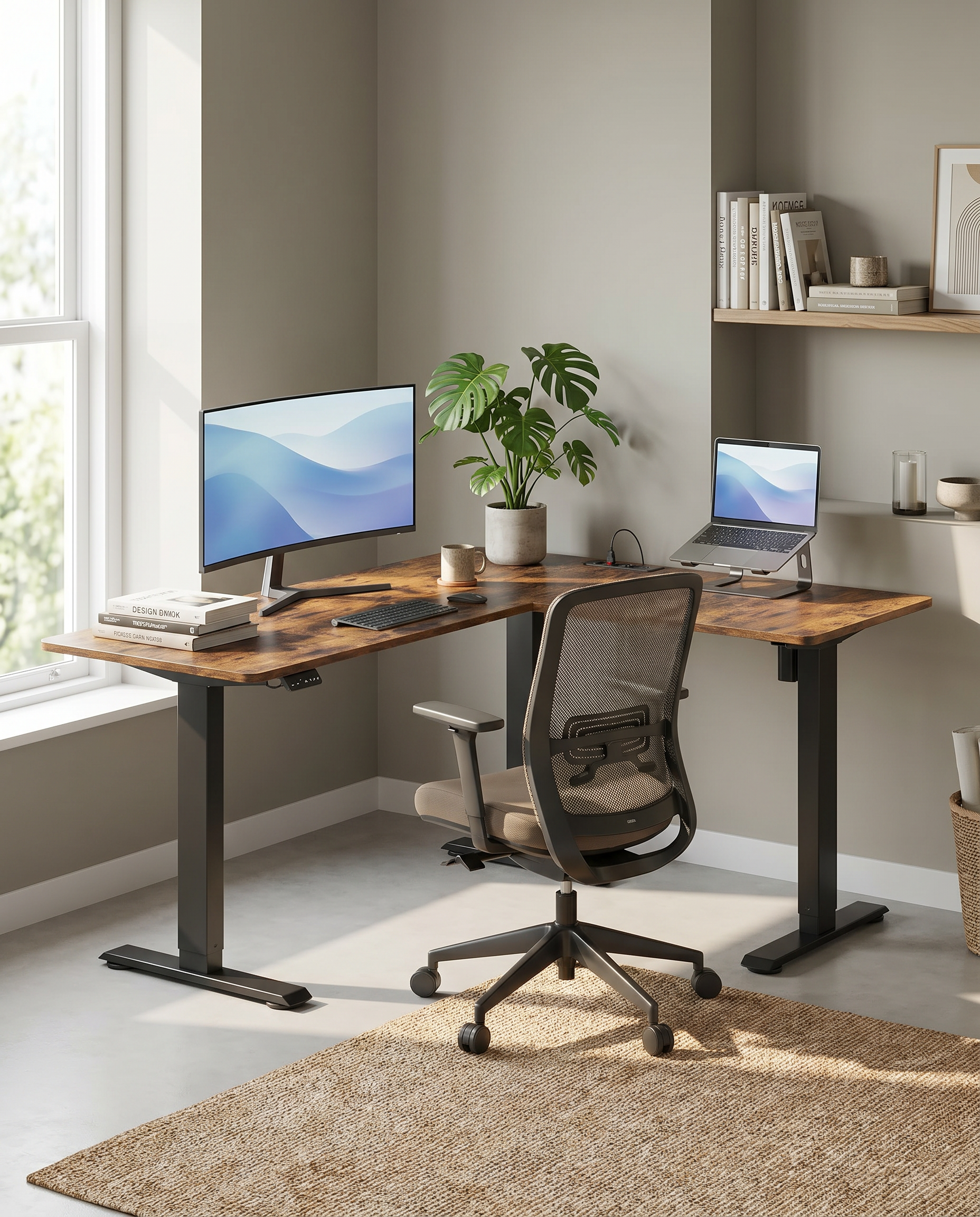 Elektrisch verstellbarer Eckschreibtisch – L-Form – 140 x 160 cm – Integrierte Steckdose und USB – Memory-Funktion – 72-120 cm Höhe