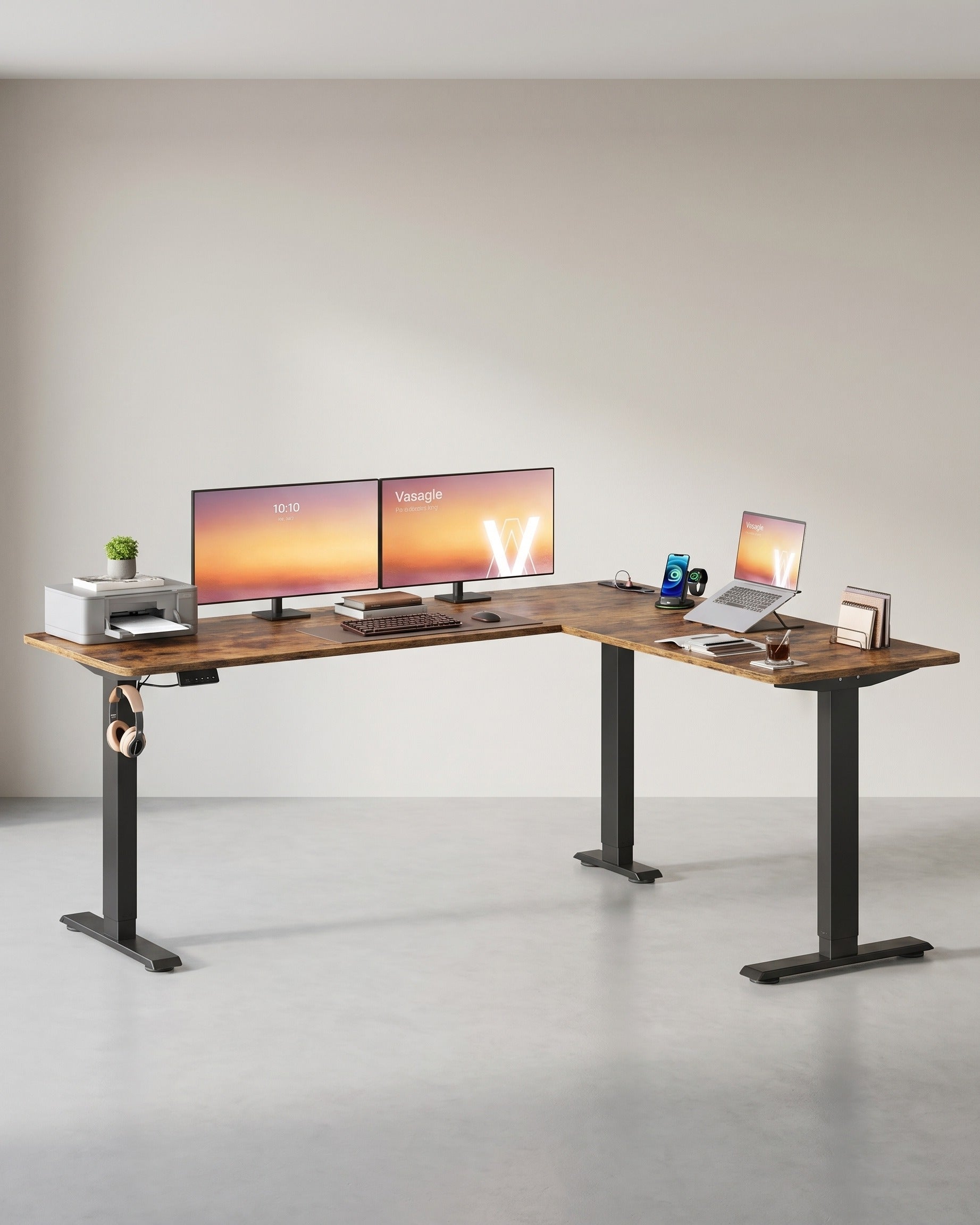 Elektrisch verstellbarer Eckschreibtisch – L-Form – mit Steckdosen und USB-Anschluss – Steh-Sitz-Schreibtisch