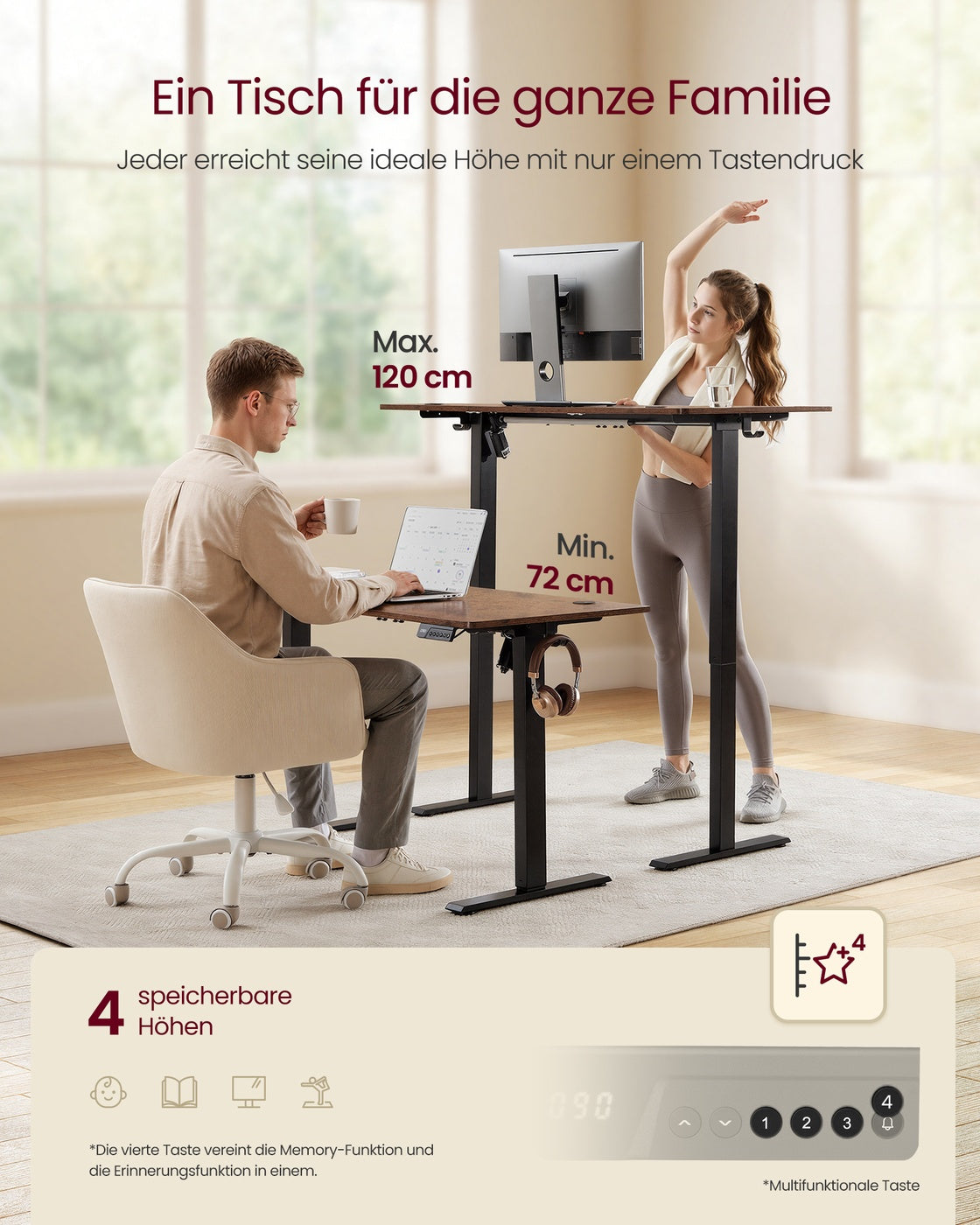 Elektrisch höhenverstellbarer Schreibtisch – Steh-Sitz-Schreibtisch – 72 bis 120 cm – Memory-Funktion – Kabelmanagement – Industriedesign
