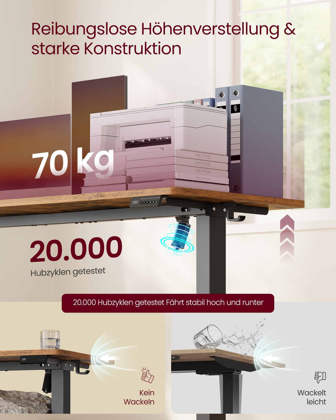 Elektrisch höhenverstellbarer Schreibtisch – Steh-Sitz-Schreibtisch – 72 bis 120 cm – Memory-Funktion – Kabelmanagement – Industriedesign