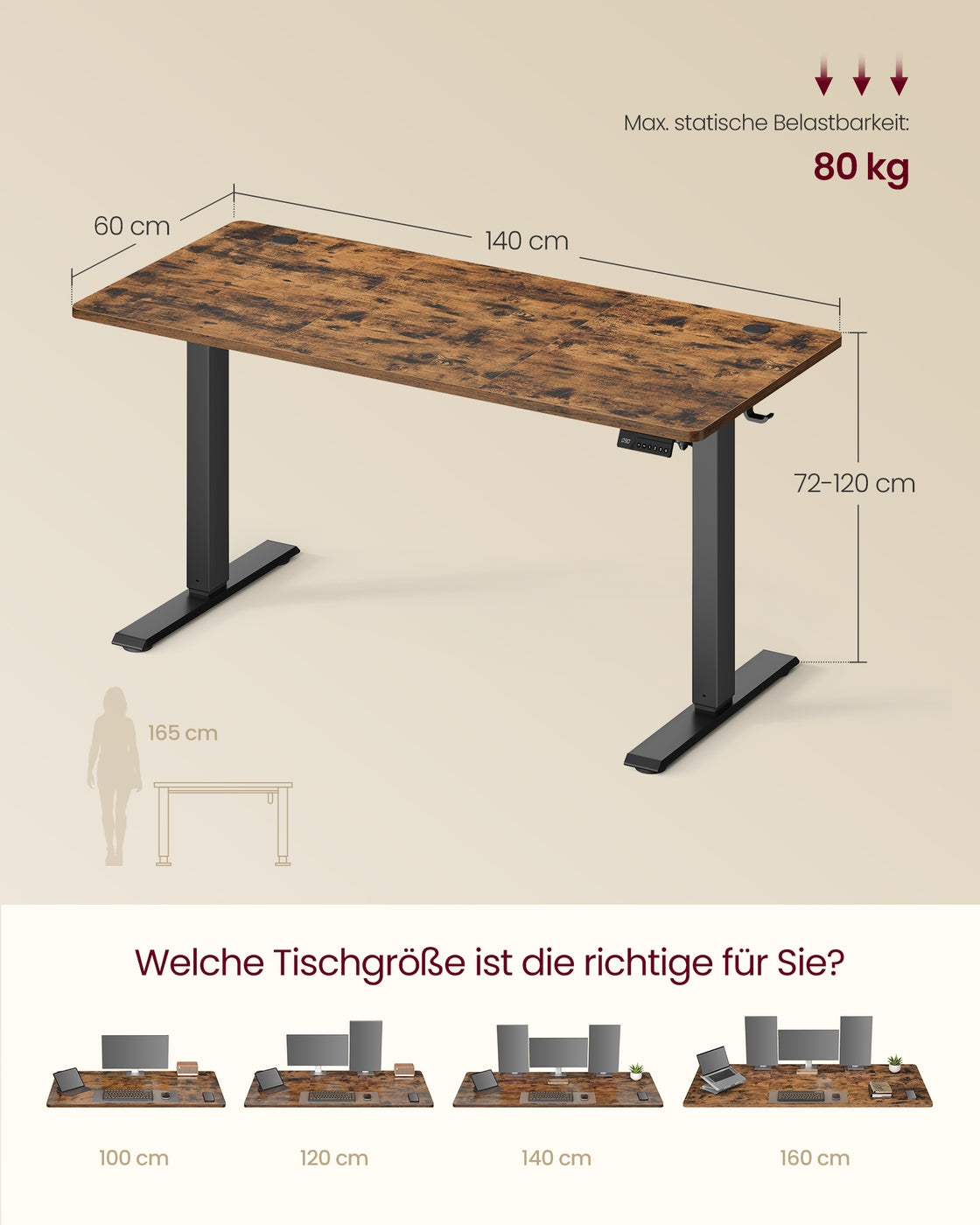 Elektrisch höhenverstellbarer Schreibtisch – Steh-Sitz-Schreibtisch – 72 bis 120 cm – Memory-Funktion – Kabelmanagement – Industriedesign