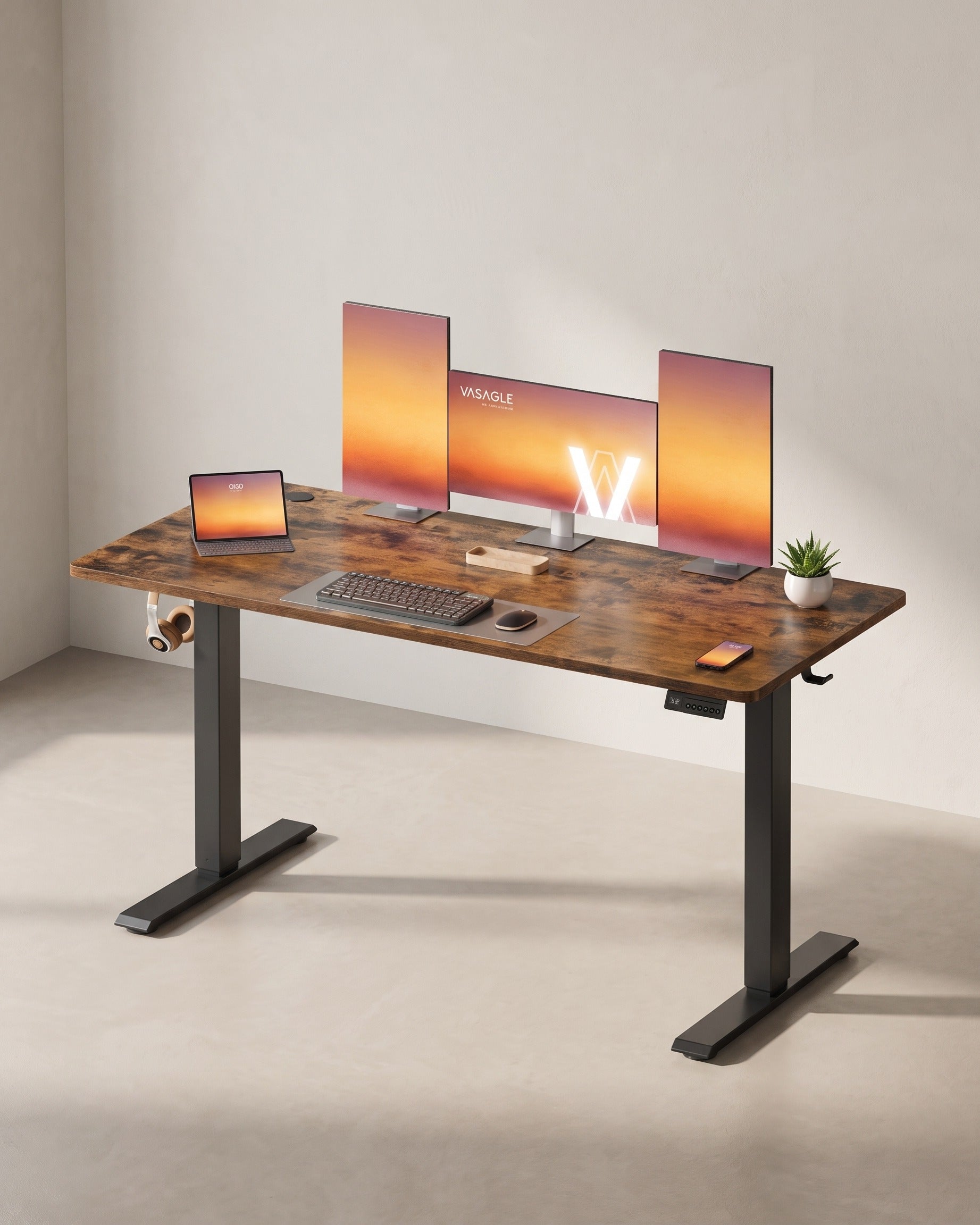 Elektrisch höhenverstellbarer Schreibtisch – Steh-Sitz-Schreibtisch – 72 bis 120 cm – Memory-Funktion – Kabelmanagement – Industriedesign – Braun
