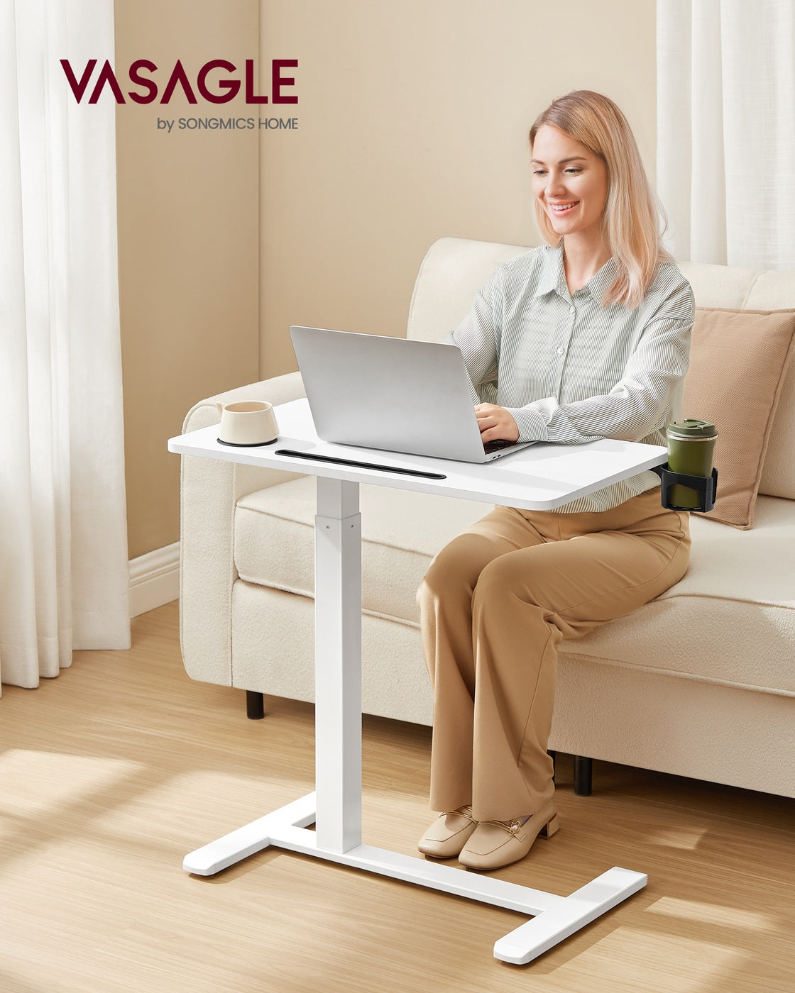 Verstellbarer Beistelltisch mit Rollen – Höhe 65-102 cm – Weiß – Multifunktionstisch