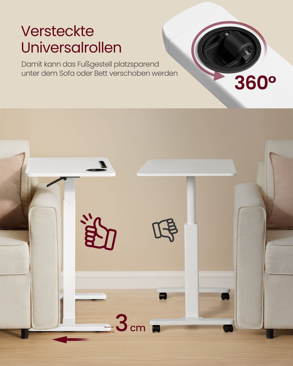 Verstellbarer Beistelltisch mit Rollen – Höhe 65-102 cm – Weiß – Multifunktionstisch