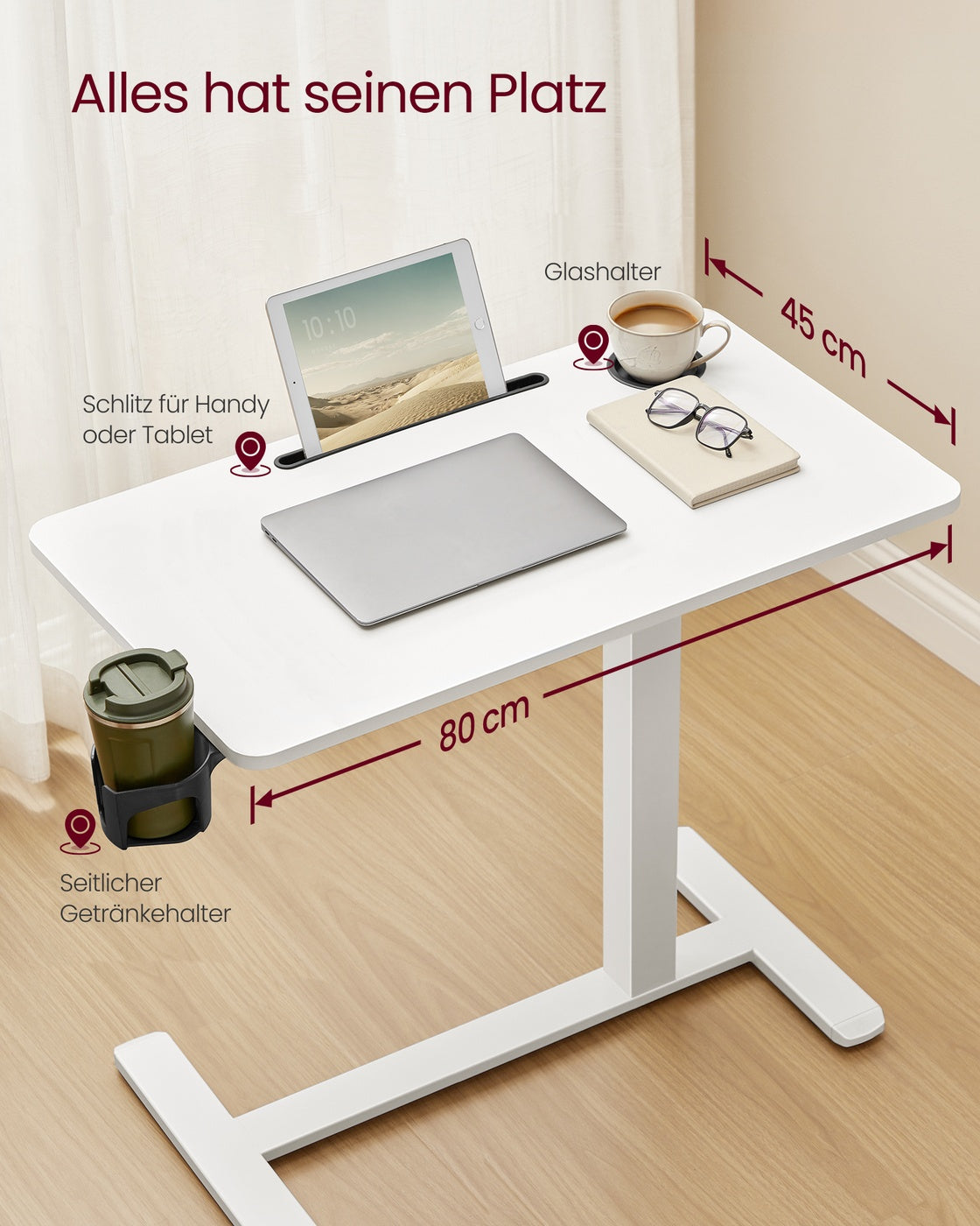 Verstellbarer Beistelltisch mit Rollen – Höhe 65-102 cm – Weiß – Multifunktionstisch