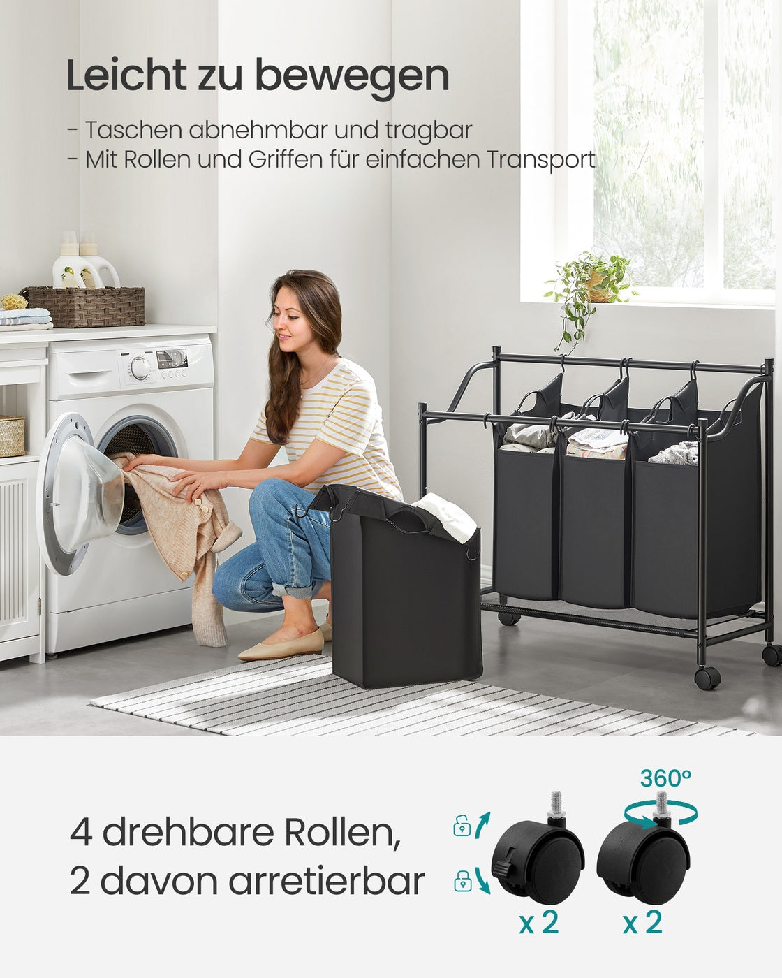 Wäschekorb mit 4 herausnehmbaren Beuteln - Wäschesammler - mit Rollen - Wäschetrennung