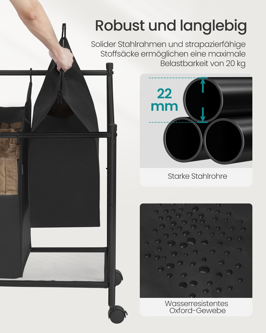 Wäschekorb mit 4 herausnehmbaren Beuteln - Wäschesammler - mit Rollen - Wäschetrennung