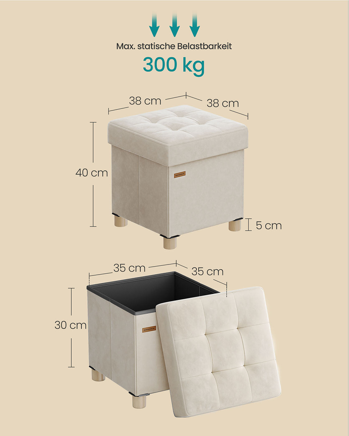 Klappbarer Aufbewahrungshocker aus Samt – 38 x 38 cm – 37 l – bis zu 300 kg belastbar