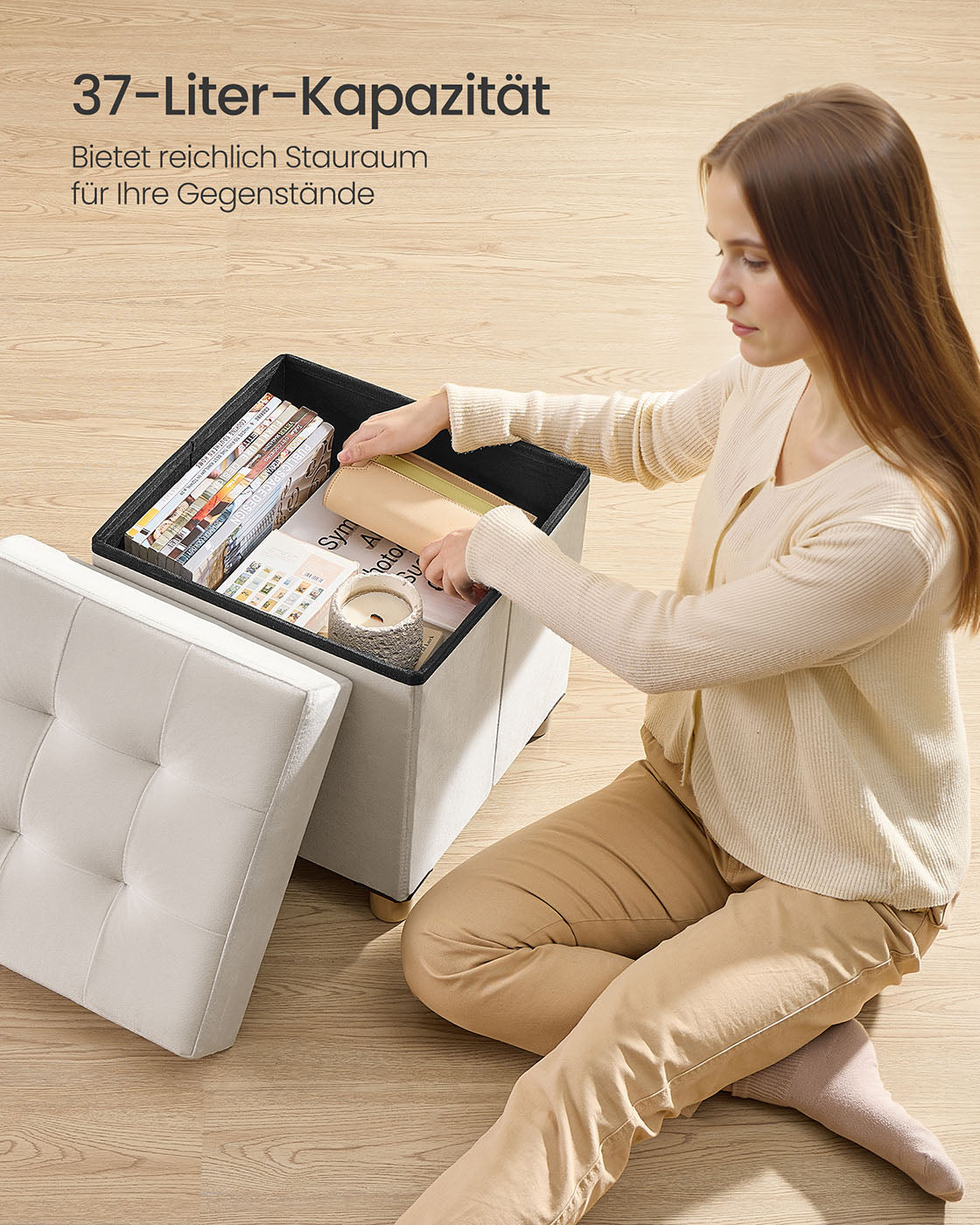 Klappbarer Aufbewahrungshocker aus Samt – 38 x 38 cm – 37 l – bis zu 300 kg belastbar