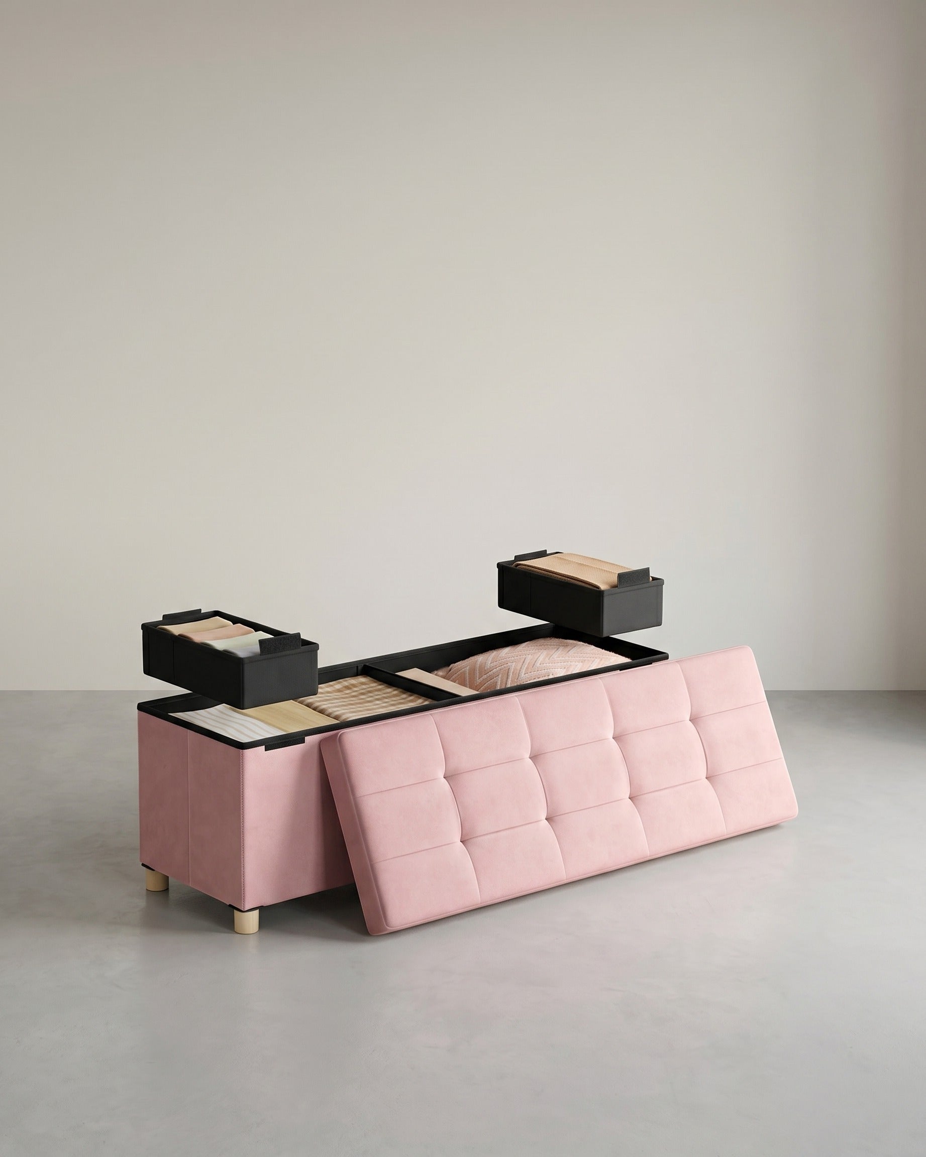 Klappbarer Samthocker mit Stauraum – 110 cm – 112 l – Bis zu 300 kg Tragkraft – Rosa