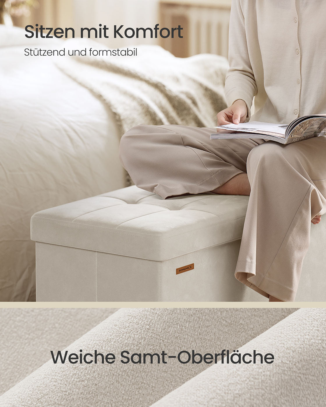 Klappbarer Samthocker mit Stauraum – 110 cm – 112 l – Bis zu 300 kg Tragkraft