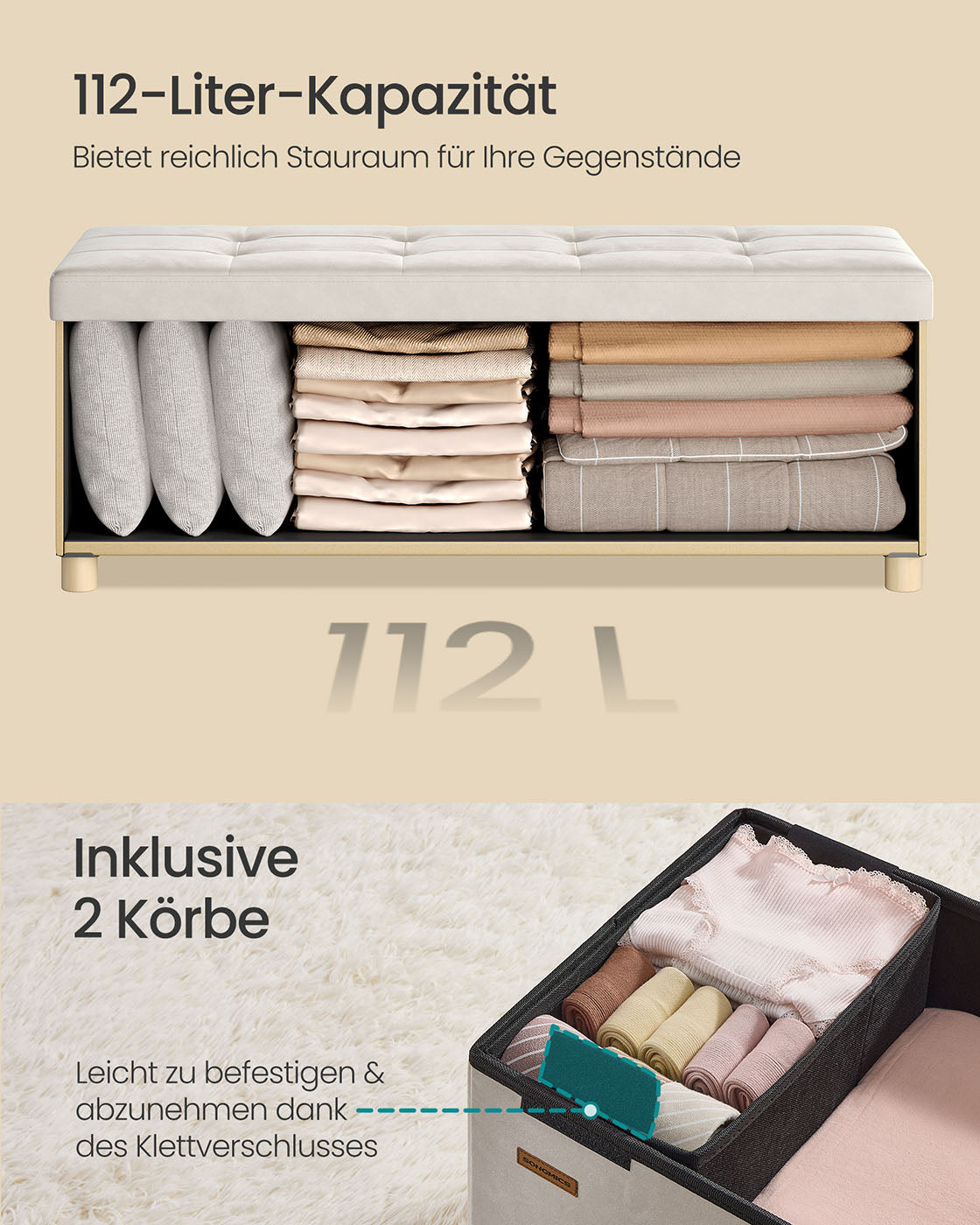 Klappbarer Samthocker mit Stauraum – 110 cm – 112 l – Bis zu 300 kg Tragkraft