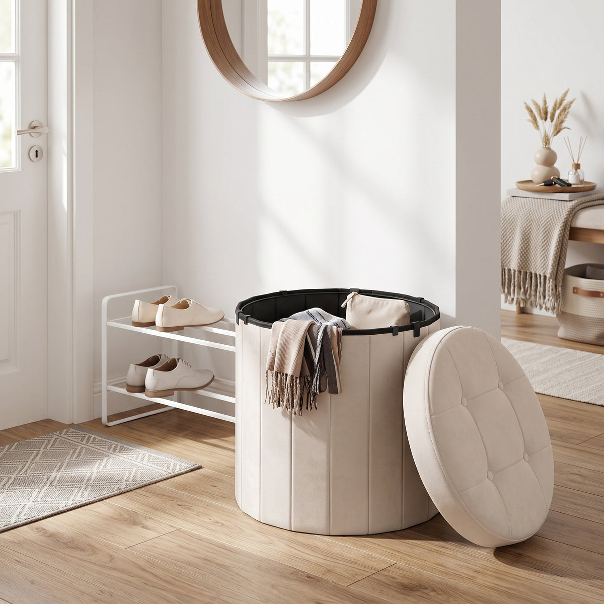 Runder Sitzhocker - Klappbarer Pouf Mit Stauraum - Mit Abnehmbarem Deckel